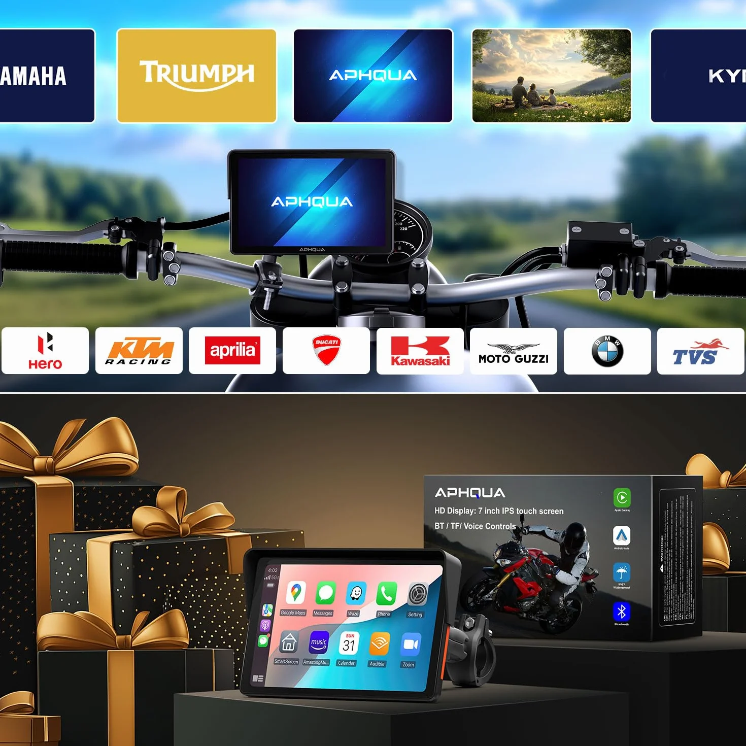Ekran motocyklowy 7" CarPlay i Android Auto bezprzewodowy – wodoodporny ekran dotykowy IP67 do motocykli z nawigacją GPS, Bluetooth Trans, Siri, zestaw głośnomówiący – Model A722