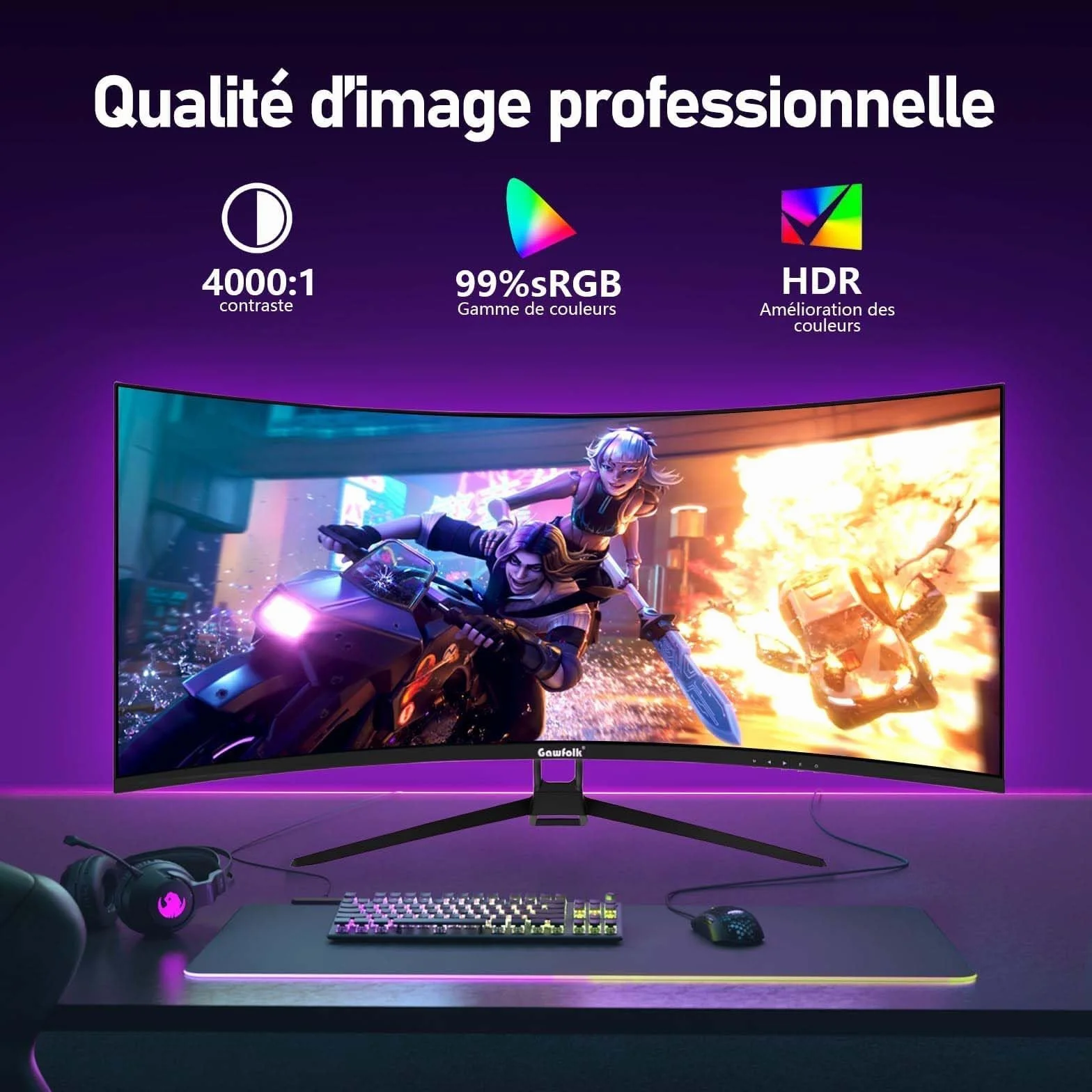 Gawfolk Ultra duży ekran PC 34 cale 1500R zakrzywiony 144 Hz monitor komputerowy do gier, 21:9 UWQHD (3440 x 1440), adaptacyjna synchronizacja, HDR, 178°, kąt widzenia, DisplayPort, HDMI, VESA 75 x 75