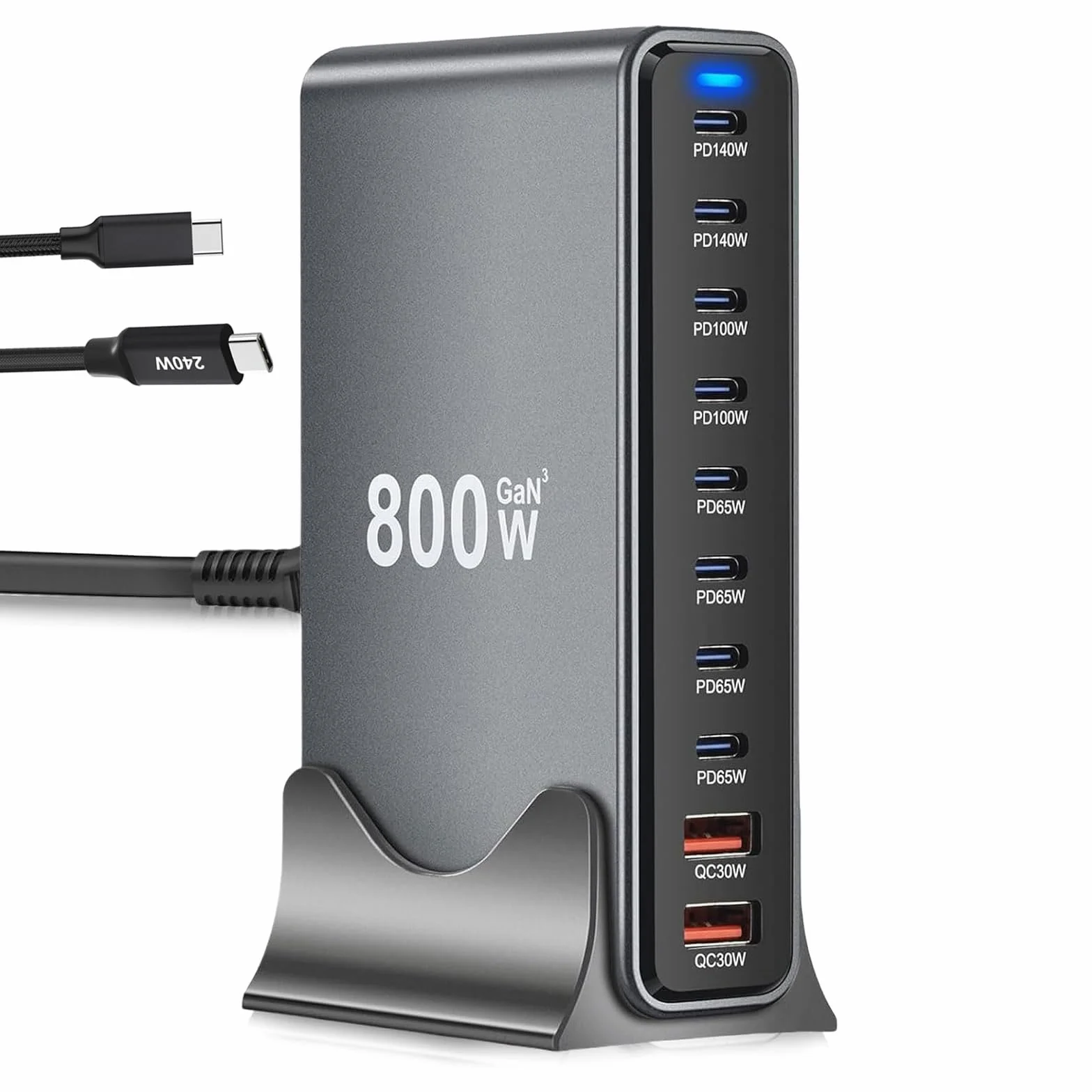 GaN III10 ładowarka USB C, 800 W, wiele portów USB, stacja ładująca 8 USB C i 2 USB A, szybka ładowarka, stacja ładująca, kompaktowa wielofunkcyjna ładowarka do laptopów (800 W + kabel do
