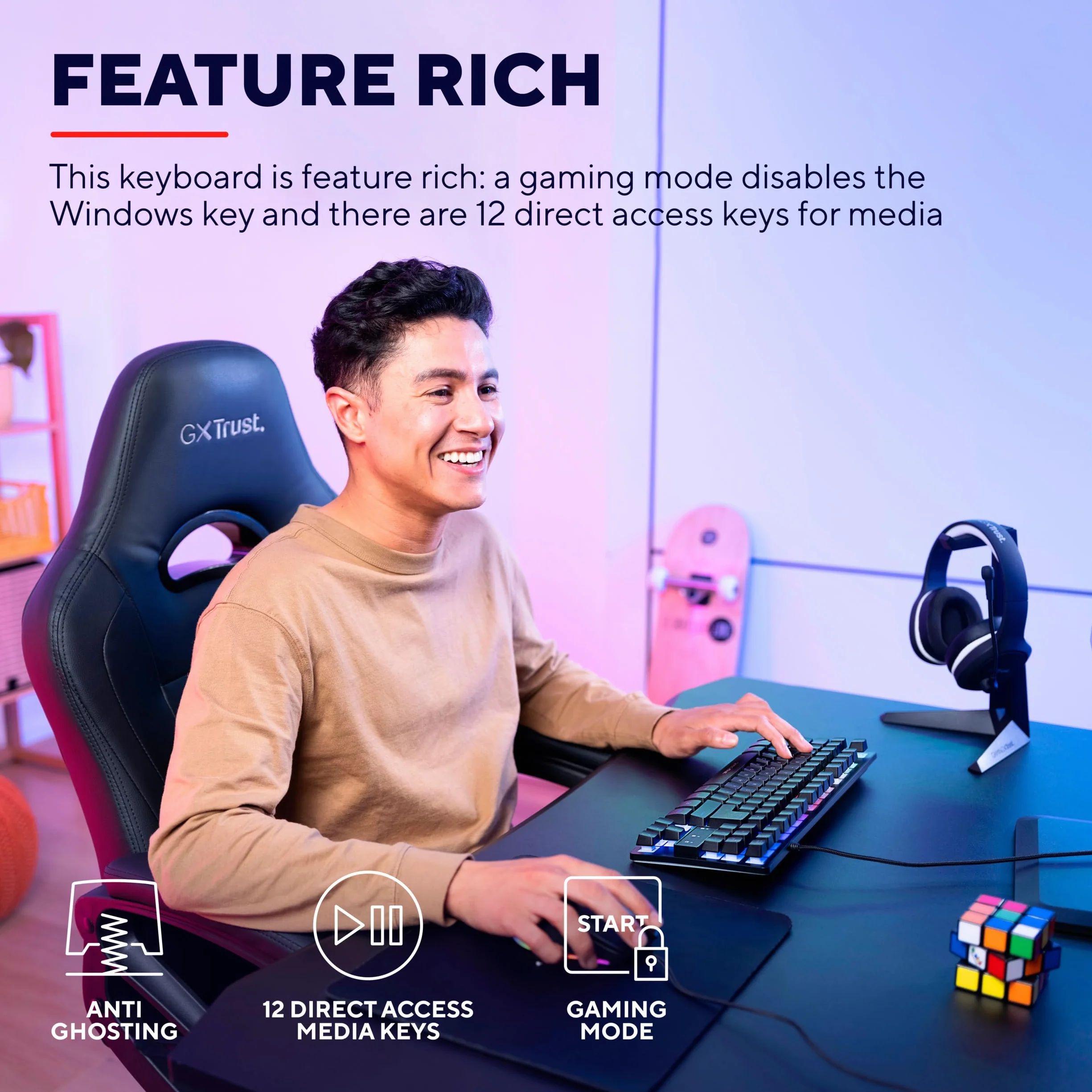 Trust Gaming Gamer TKL GXT 833 Thado podświetlenie klawiatury RGB bez tenkeylu (20% mniejszy), membrana, hiszpański układ QWERTY, anty-ghosting, USB, z kablem, PC/PC