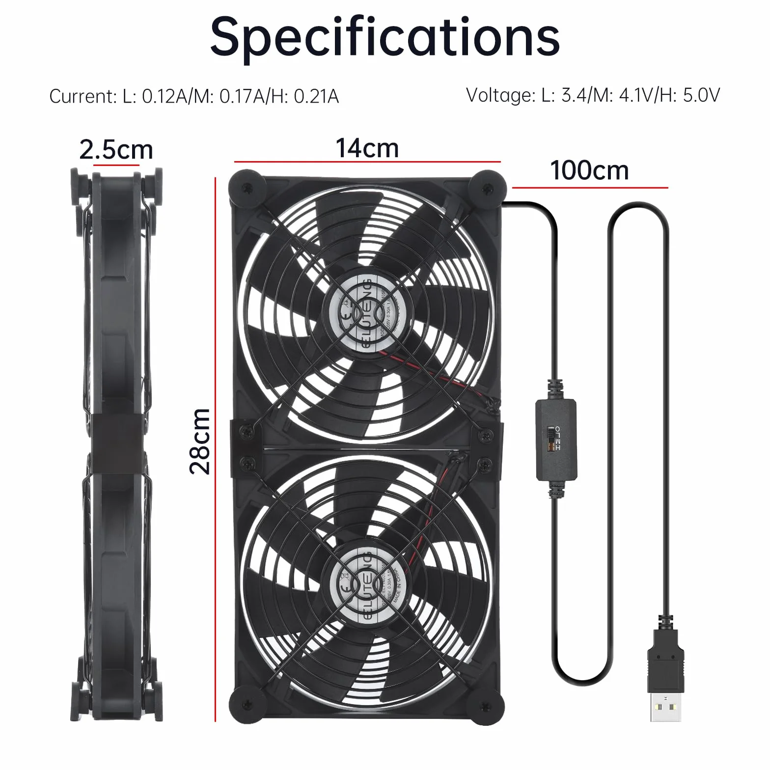 ELUTENG Wentylator USB 140 mm 5 V 2 w 1 z 3 regulowanymi prędkościami do PS5/PS4/laptopa