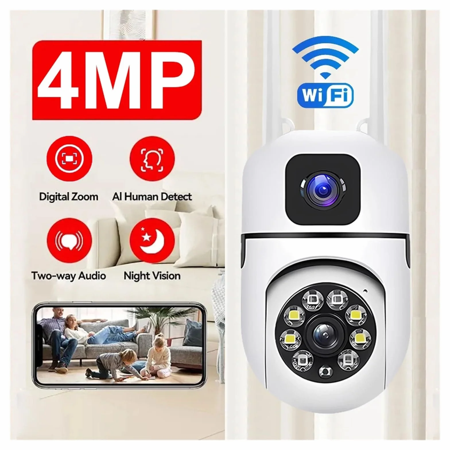 Kamera bezpieczeństwa, Podwójny obiektyw, podwójny ekran, kamera IP WiFi, ochrona bezpieczeństwa, bezprzewodowy monitor wewnętrzny, automatyczne śledzenie, monitoring wideo CCTV PTZ(Camara 64GB Card)