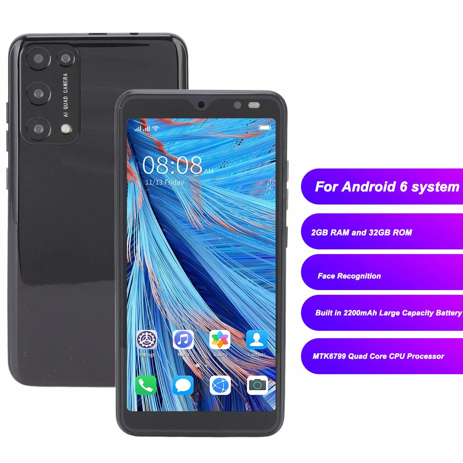 Smartfon 5,45 Cala HD Pełny Ekran Telefonu Komórkowego 2 GB RAM 32 GB ROM Rozpoznawanie Twarzy Dual SIM Dual Standby Telefon Komórkowy dla Rino8 Pro (Czarny)
