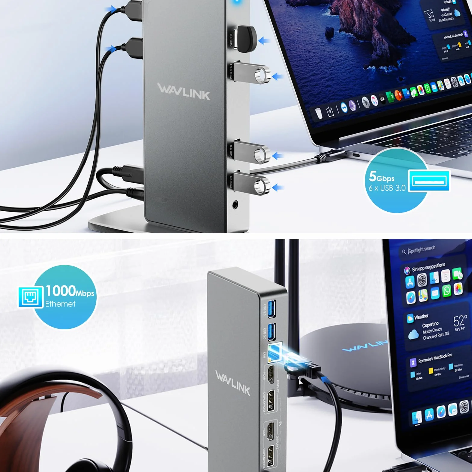 Stacja dokująca DisplayLink, uniwersalna stacja dokująca WAVLINK USB-C z 2 × HDMI i DP, Gigabit Ethernet, 6 × USB 3.0, audio, mikrofon, kompatybilna z Mac OS i Windows