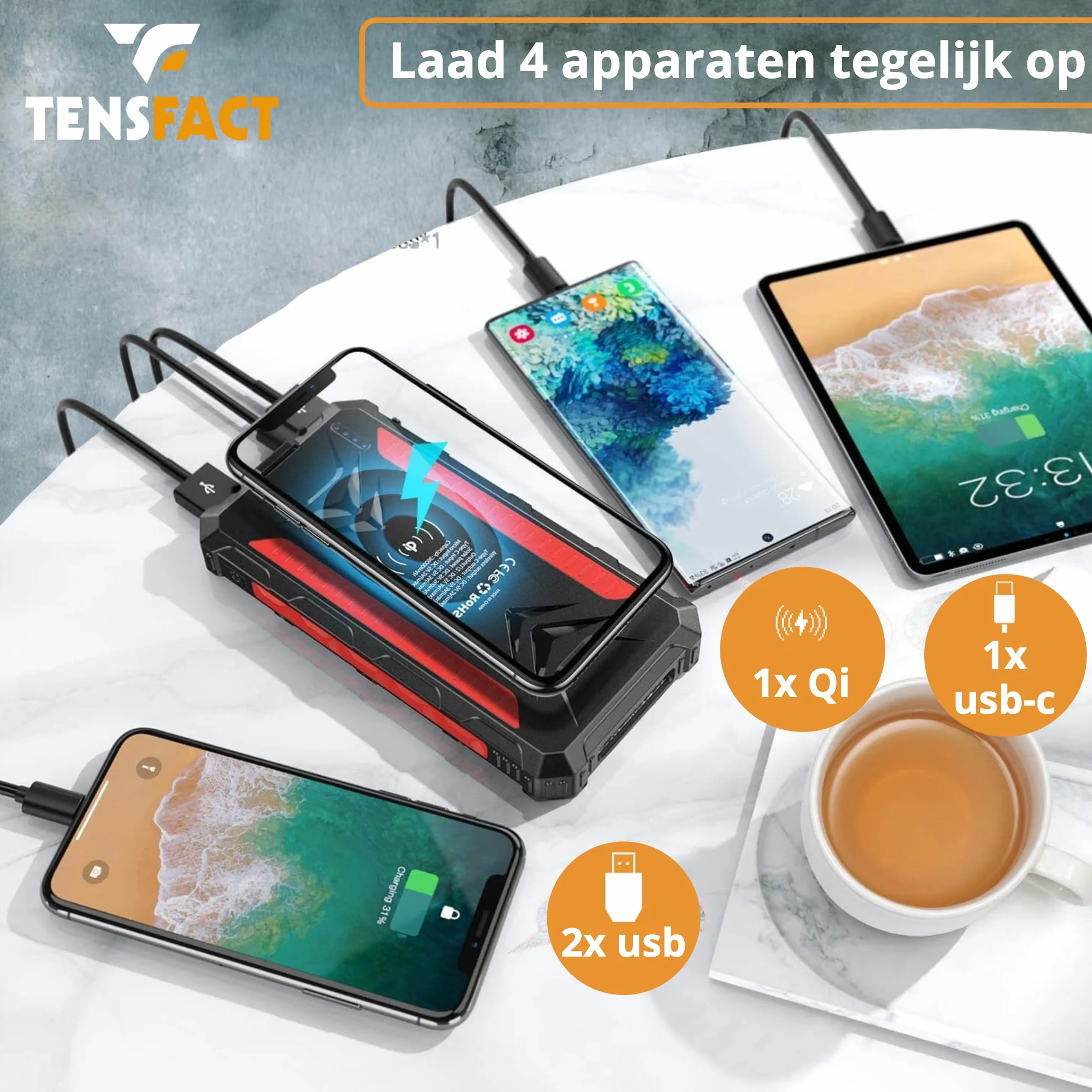 Solar Powerbank 36000 mAh bezprzewodowa ładowarka - Powerbank Solar - USB & USB-C - czerwona