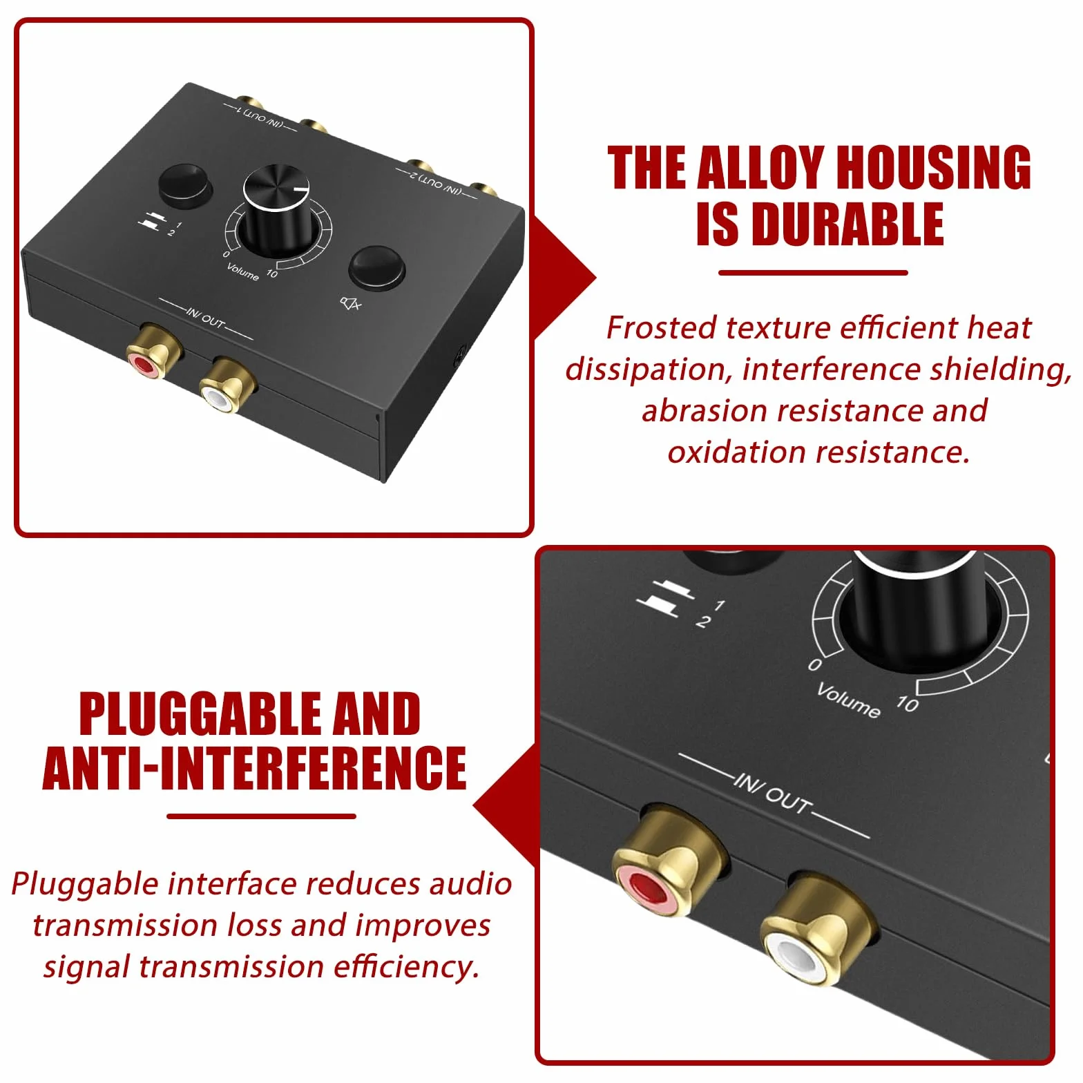 RCA Stereo Audio Switch 2(1)-IN-1(2)-OUT, R/L Regulacja Głośności, dwukierunkowy Aux Sound Selector Splitter Box do odtwarzacza CD, komputera, głośników