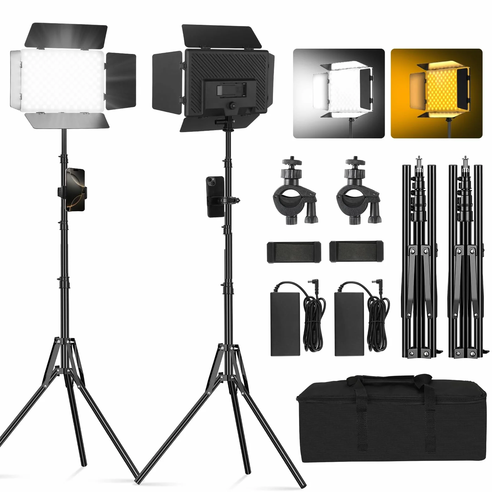 Zestaw dwóch paneli LED do oświetlenia wideo Soonpho z bramą szopową, możliwość ściemniania 2500-6500K, 20W, do fotografii, oświetlenie studyjne z statywem i uchwytem na telefon do wideo, YouTube
