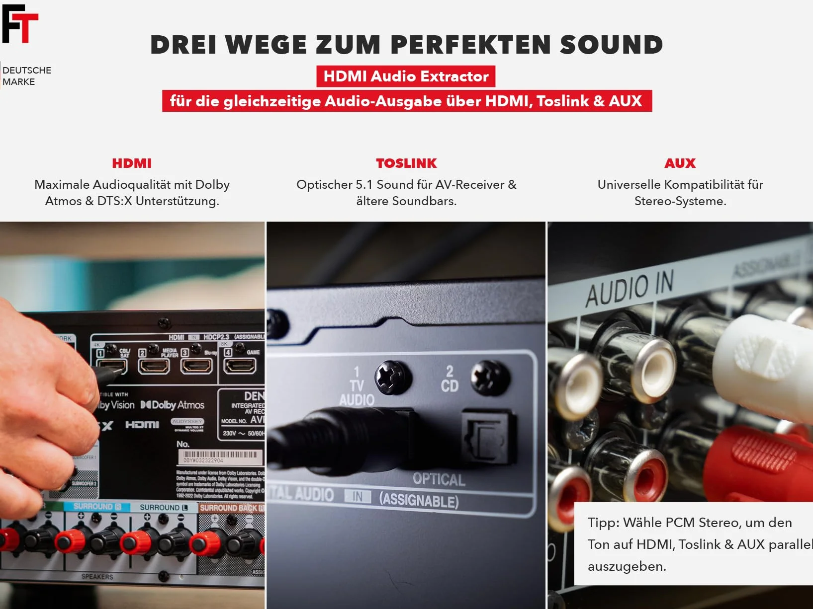 FeinTech SW411 HDMI 2.1 Switch 4 w 1 Out z ekstraktorem audio do systemów dźwiękowych z wejściem HDMI, Toslink i AUX, obsługuje 4K 120Hz i 8K