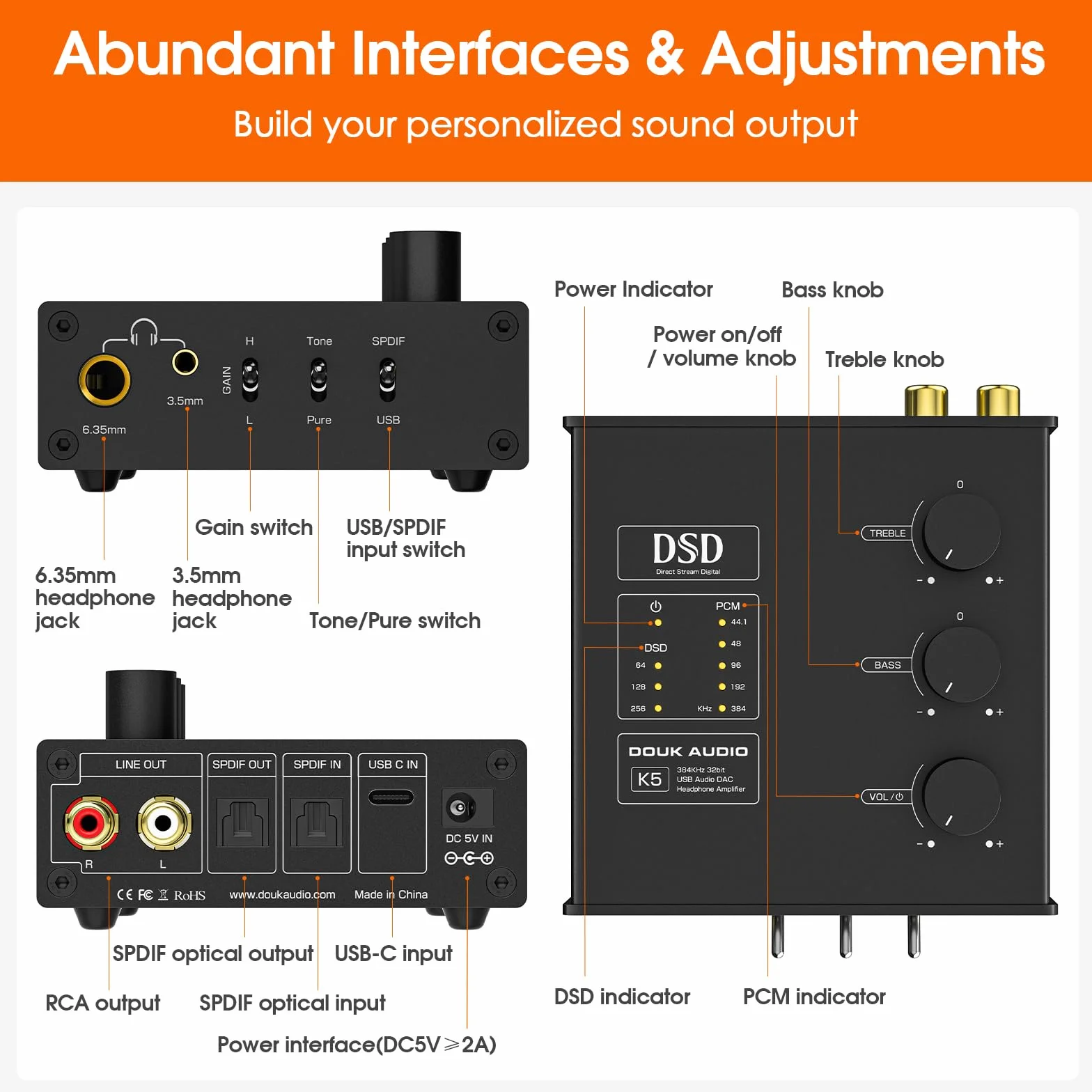 Douk Audio K5 PC DAC wzmacniacz słuchawkowy z wejściem USB i optycznym DSD256 do wzmacniaczy, głośników, komputerów Mac i PC