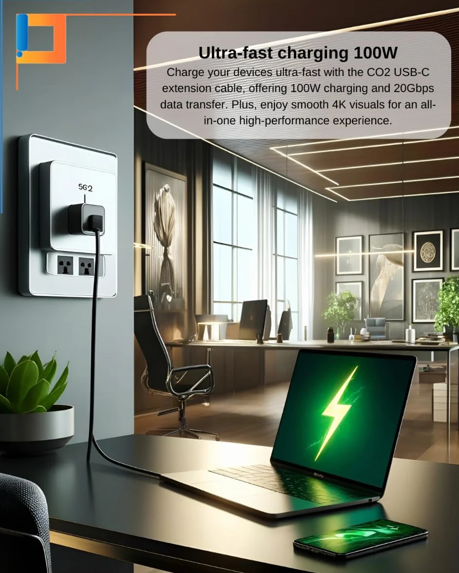 CO2 Kabel przedłużacz USB-C Thunderbolt 3.0, Ultra szybka transmisja danych 20 Gb/s, Obsługuje 4K/60 Hz, Szybkie Ładowanie 100W, Aluminium Space Grey, Kompatybilny z iPhone, MacBook, iPad Pro (2m)