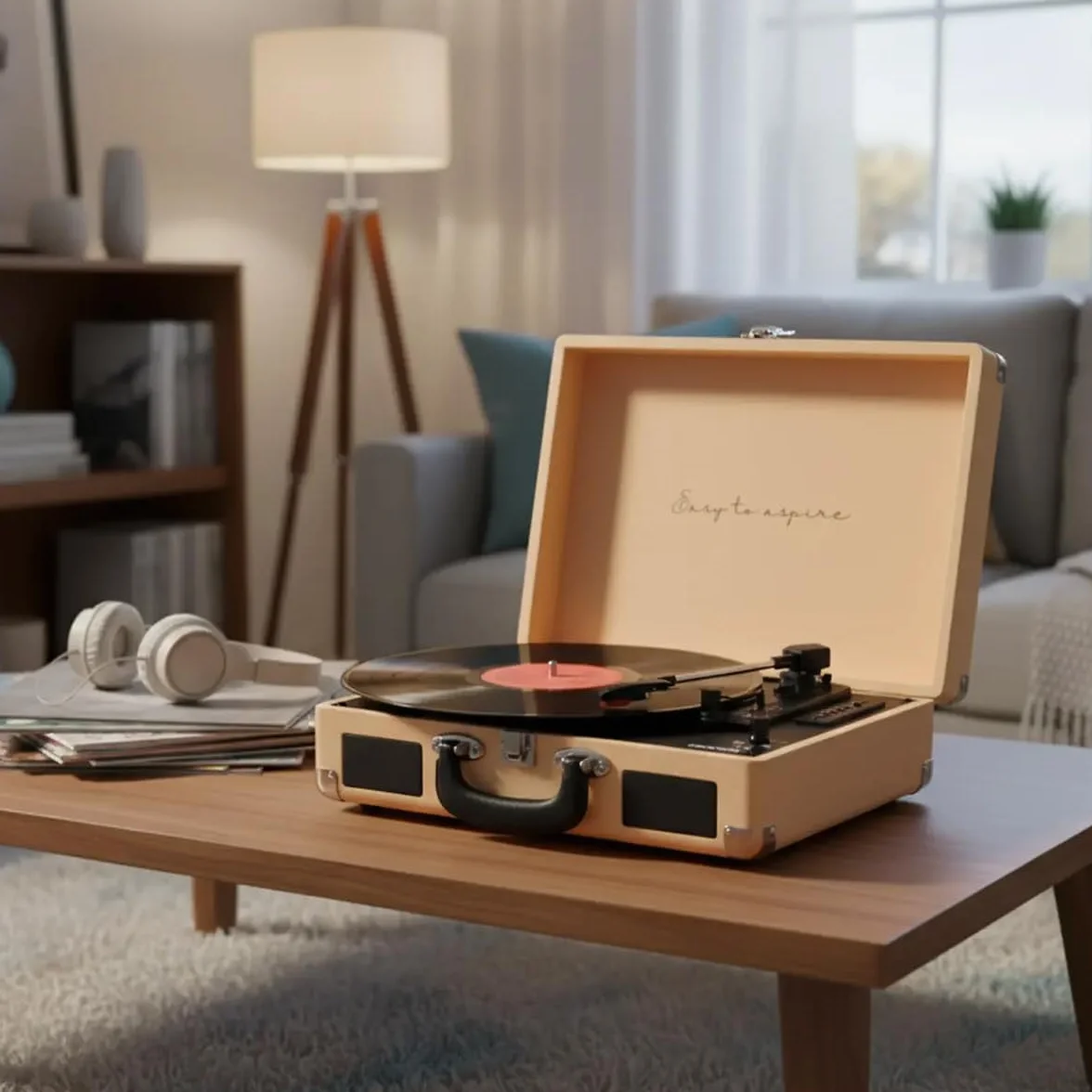 PRIXTON VC400 odtwarzacz płyt winylowych w stylu vintage, odtwarzacz winylu, odtwarzacz muzyki przez Bluetooth i USB, 2 wbudowane głośniki, konstrukcja walizki, pomarańczowy