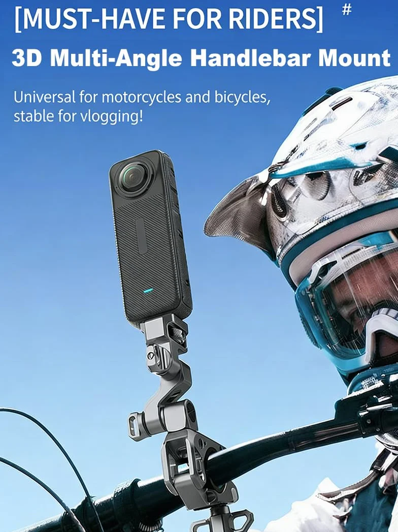 3-osiowy uchwyt na kierownicę motocykla rowerowego do Insta 360 X5 i z interfejsem śrubowym 1/4 cala itp. Kamery sportowe, uchwyt zaciskowy kamery Super Clamp pasuje do kierownicy 18-39 mm