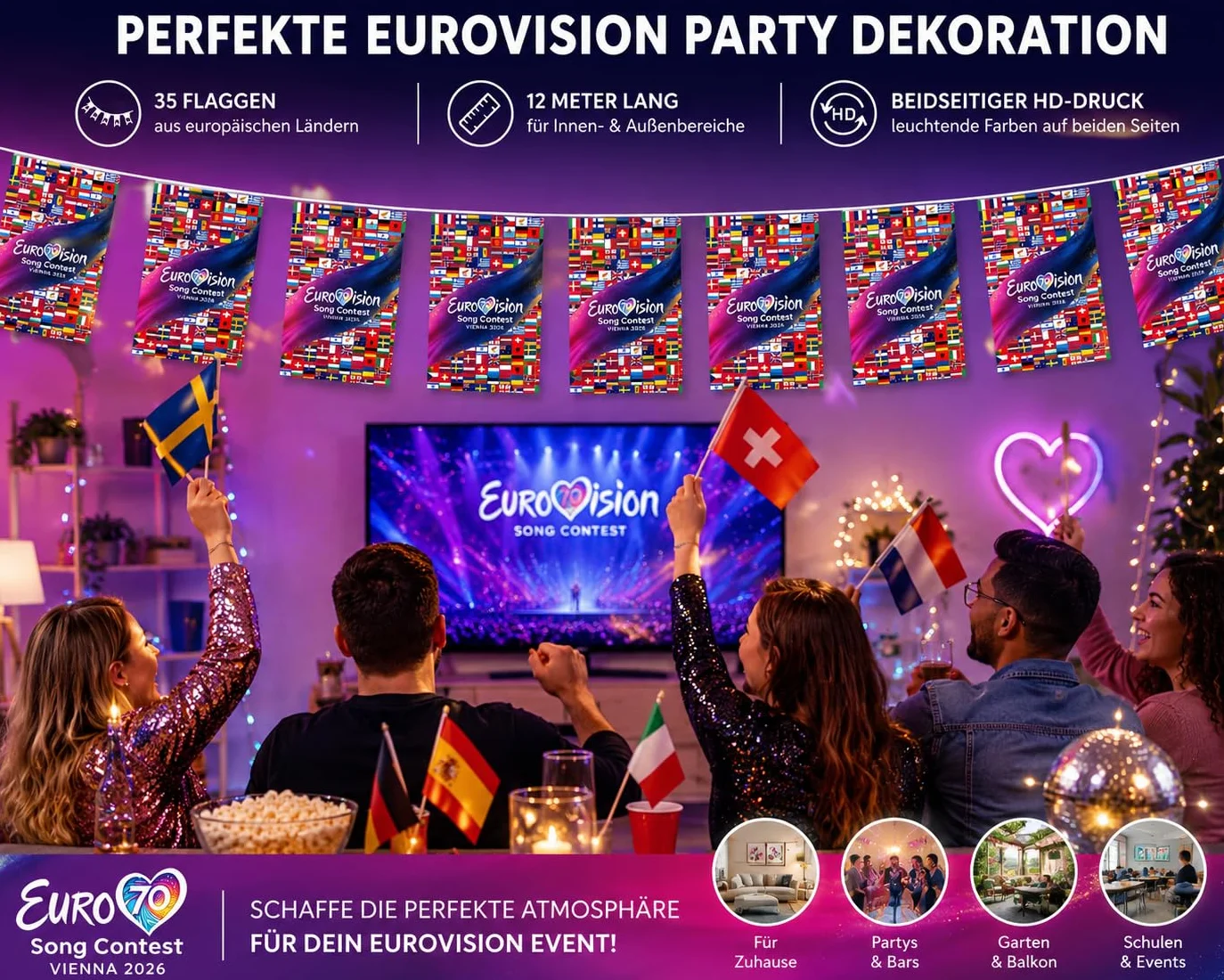 Eurovision 2026 łańcuch chorągiewek z flagą 35 narodowych flag HD dekoracja