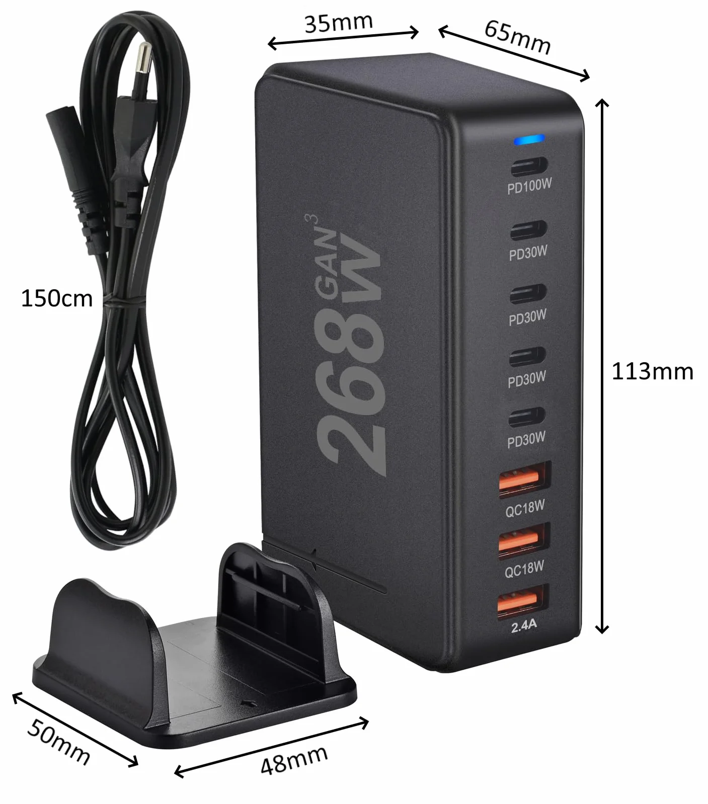 Ładowarka sieciowa 268 W 8 portów USB do komputera stacjonarnego 5 USB-C 100 W i 30 W i 3 USB-A 18 W i 12 W Technologia GAN3 Szybkie ładowanie