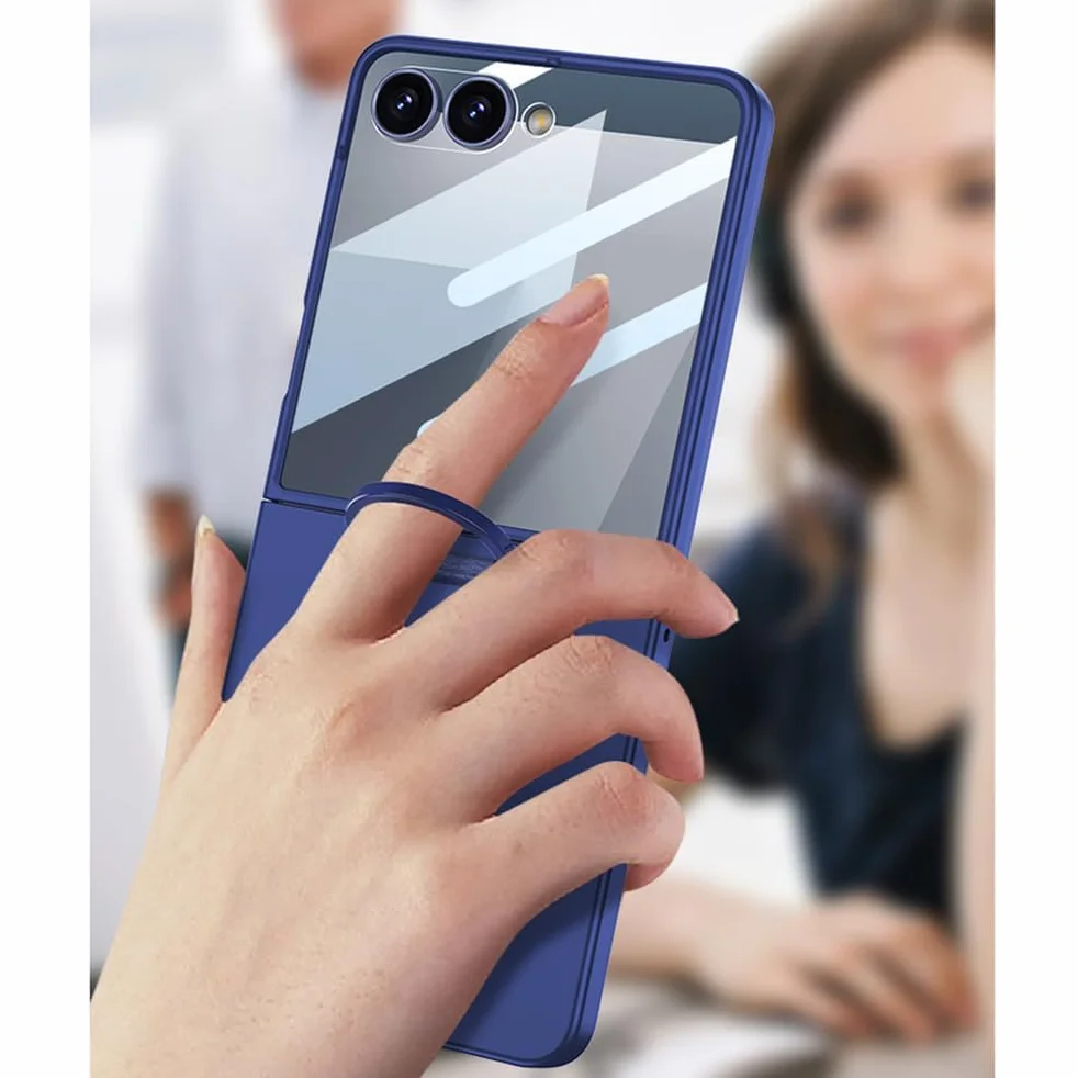 Etui do Samsung Galaxy Z Flip 7, osłona ekranu ze szkła hartowanego, etui na telefon z uchwytem pierścieniowym, stojak, smukłe twarde tworzywo PC, odporne na wstrząsy, niebieskie