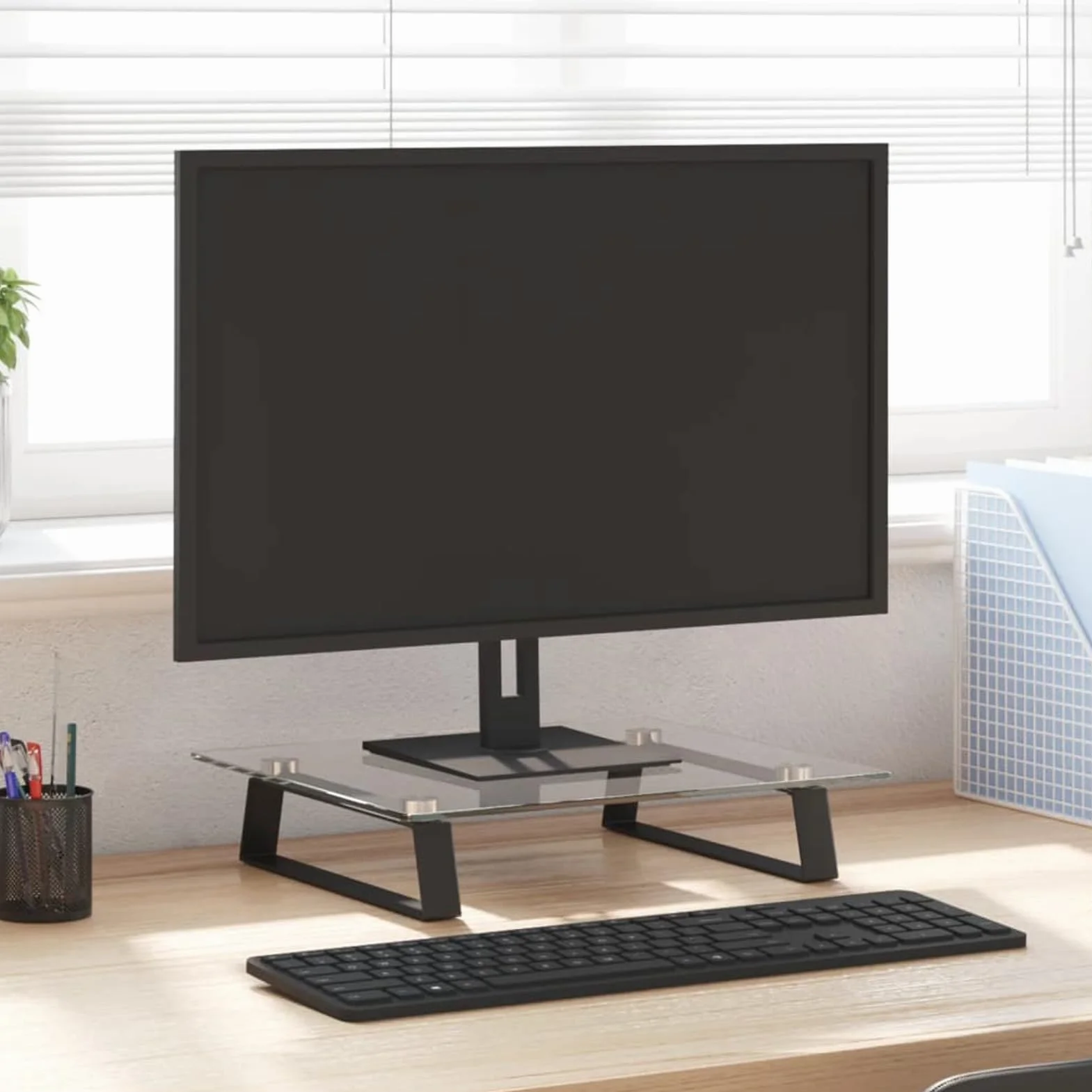 Stojak na monitor czarny 40 x 35 x 8 cm szkło hartowane metal nośność 20 kg | Szkło hartowane o grubości 5 mm, ergonomiczna wysokość oczu, zaokrąglone narożniki, dodatkowe miejsce do przechowywania