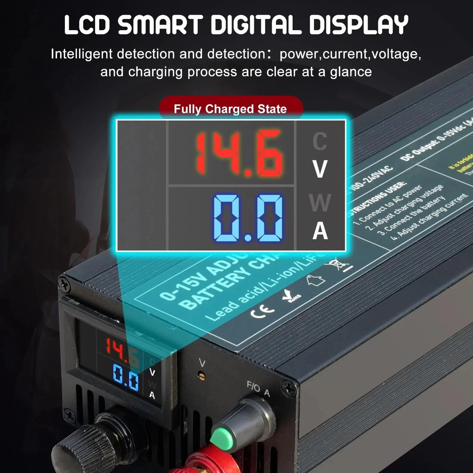 Ładowarka do akumulatorów o dużej mocy 14,6 V 60 A/85 A/100 A LCD inteligentna uniwersalna ładowarka szybkie ładowanie do regulacji prądu i napięcia 0-15 V (CL60A z klipsem)