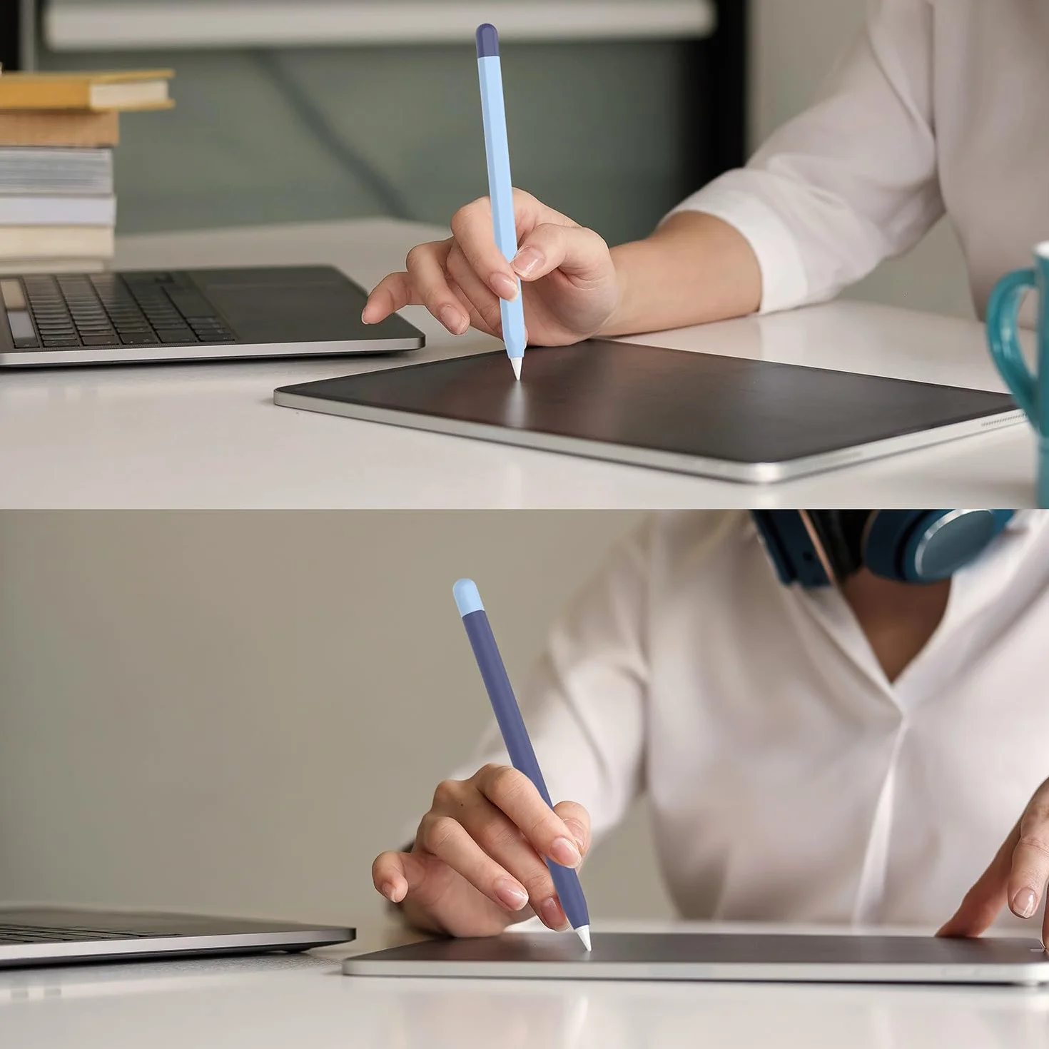 2 sztuki silikonowe etui kompatybilne z Apple Pencil 2. generacji Case i Apple Pencil Pro Cover, kompatybilne z ładowaniem magnetycznym i Double Tap (niebieski + granatowy)
