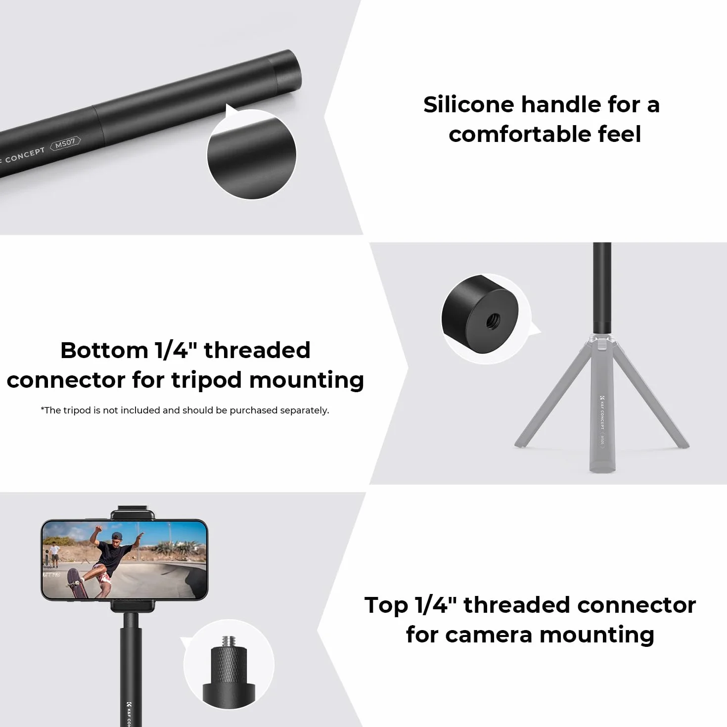 K&F CONCEPT Monopod Selfie Stick 153cm, kijek do selfie MS07, aluminiowy drążek przedłużający ze złączem 1/4”, kompatybilny z DJI Osmo, Insta360 Ace X5 X4 X3 ONE, Go Pro Hero 12 11 10 9 8 7