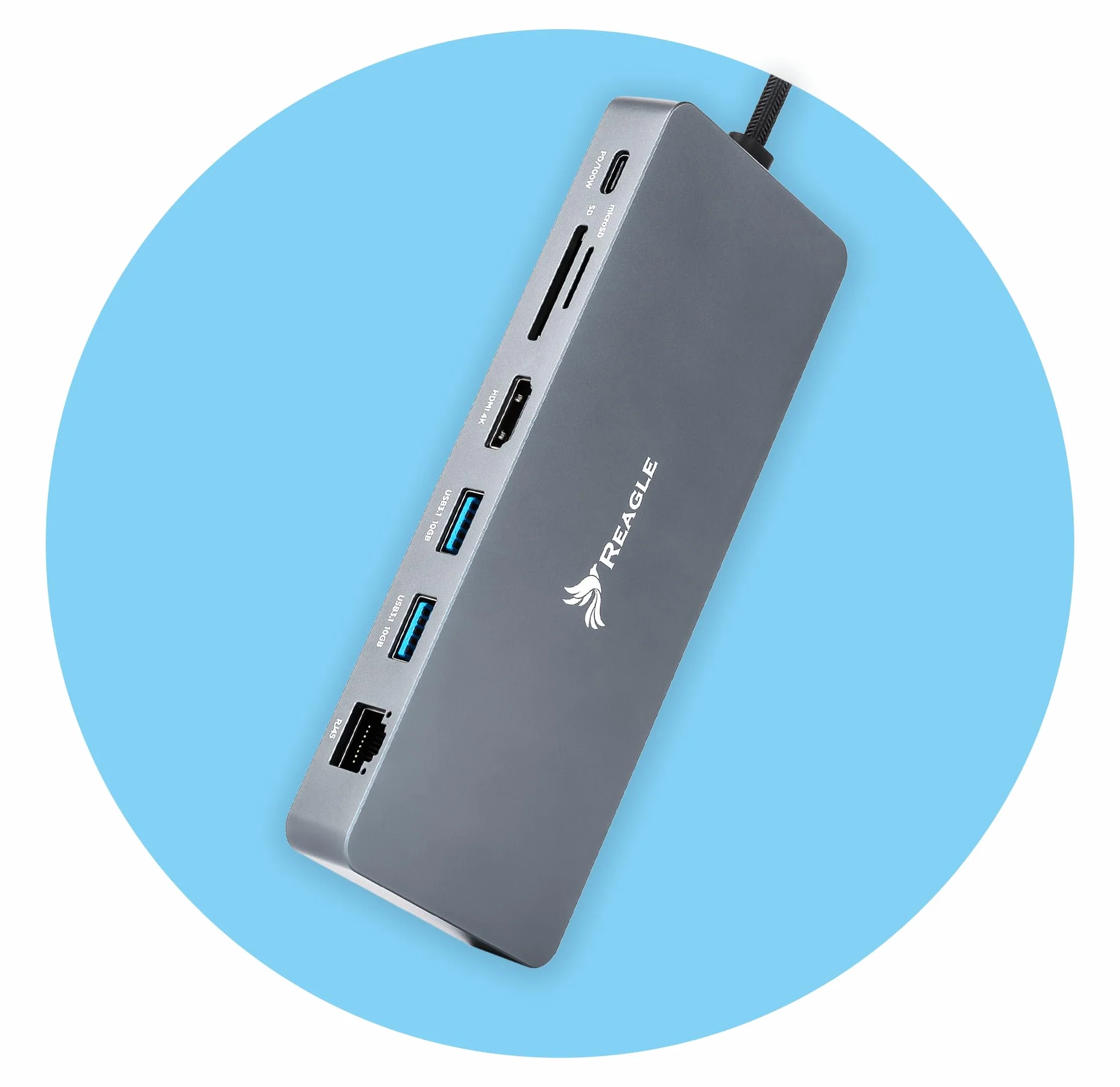 Reagle Koncentrator USB-C 10 w 1 z obudową M.2 SSD, 4K 60 Hz HDMI, 100 W PD, 10 Gbps USB 3.2 Gen 2, RJ45 Gigabit Ethernet, czytnik kart SD/microSD – kompatybilny z Windows, MacOS, Android, NVMe/SATA