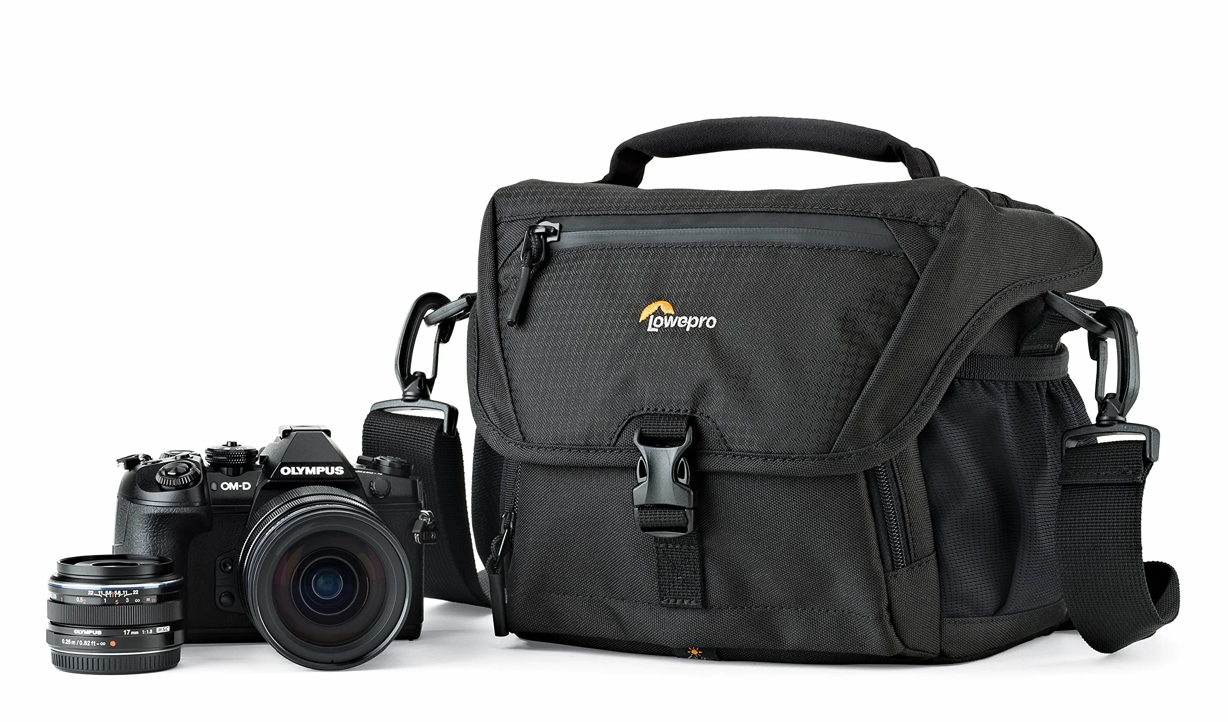 Lowepro Torba na aparat Nova 160 AW II, przenośna, pasuje na lustrzankę cyfrową z obiektywem 17–85 mm, z kompaktowym dronem, 1–2 dodatkowymi obiektywami, lampą błyskową, można ją dopasować, czarna