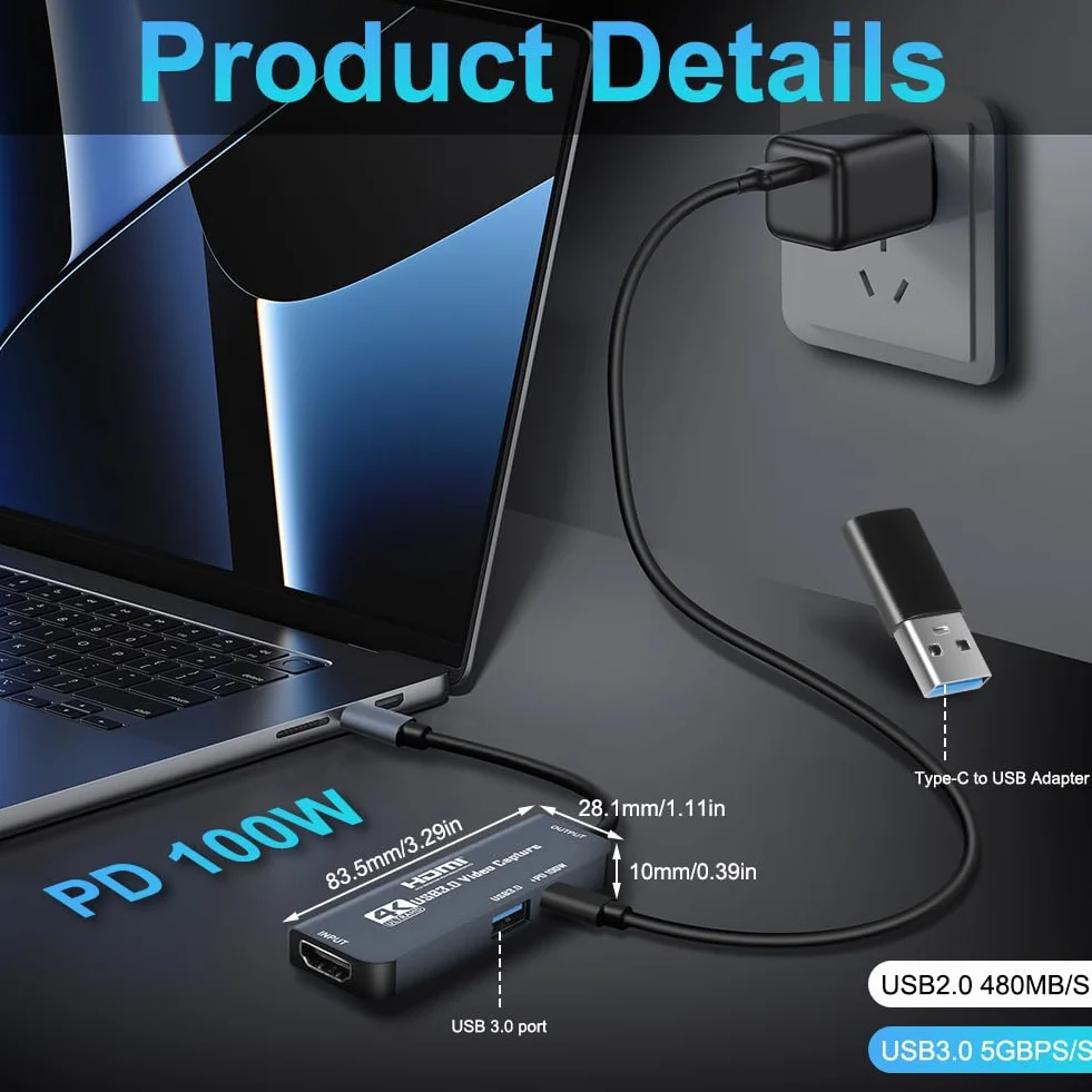 Flintronic Karta do przechwytywania wideo 1080p HDMI na USB/USB C do gier i transmisji