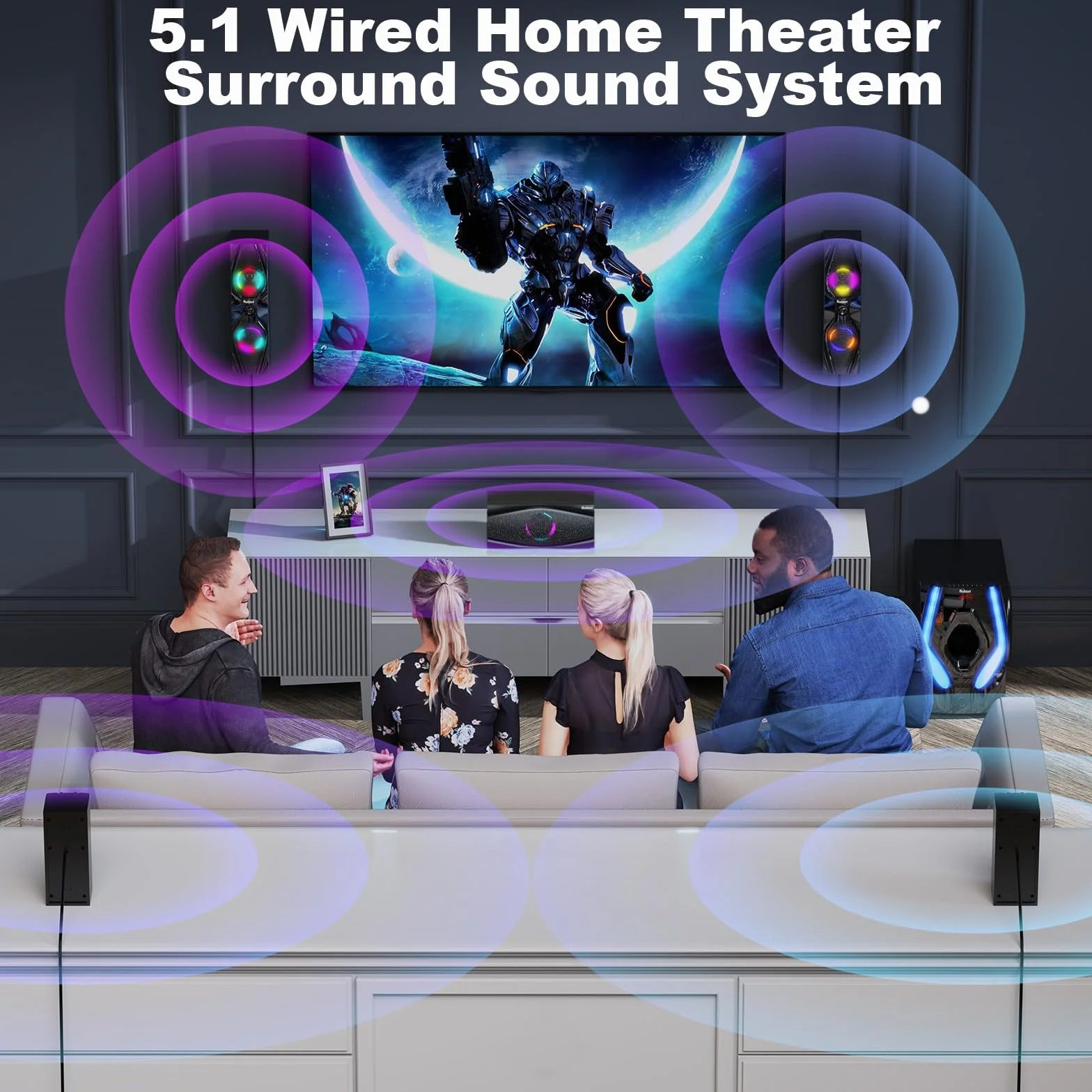 Bobtot System dźwięku przestrzennego kina domowego – 1200 W 10-calowy subwoofer 5.1-kanałowy system audio stereo z optycznym wejściem Bluetooth HDMI ARC do telewizora 4K Ultra HD AV, DVD, radia FM