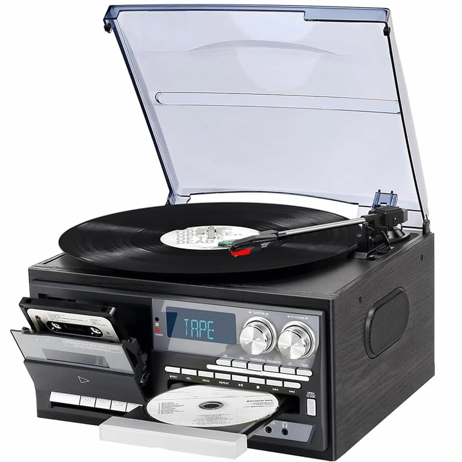 Retro Centrum Muzyczne, Gramofon Z Magnetofonem Kasetowym I Odtwarzaczem CD, 3 Prędkości Z Pokrywą Przeciwkurzową, Bluetooth Radio FM USB I Wbudowane Głośniki Stereo