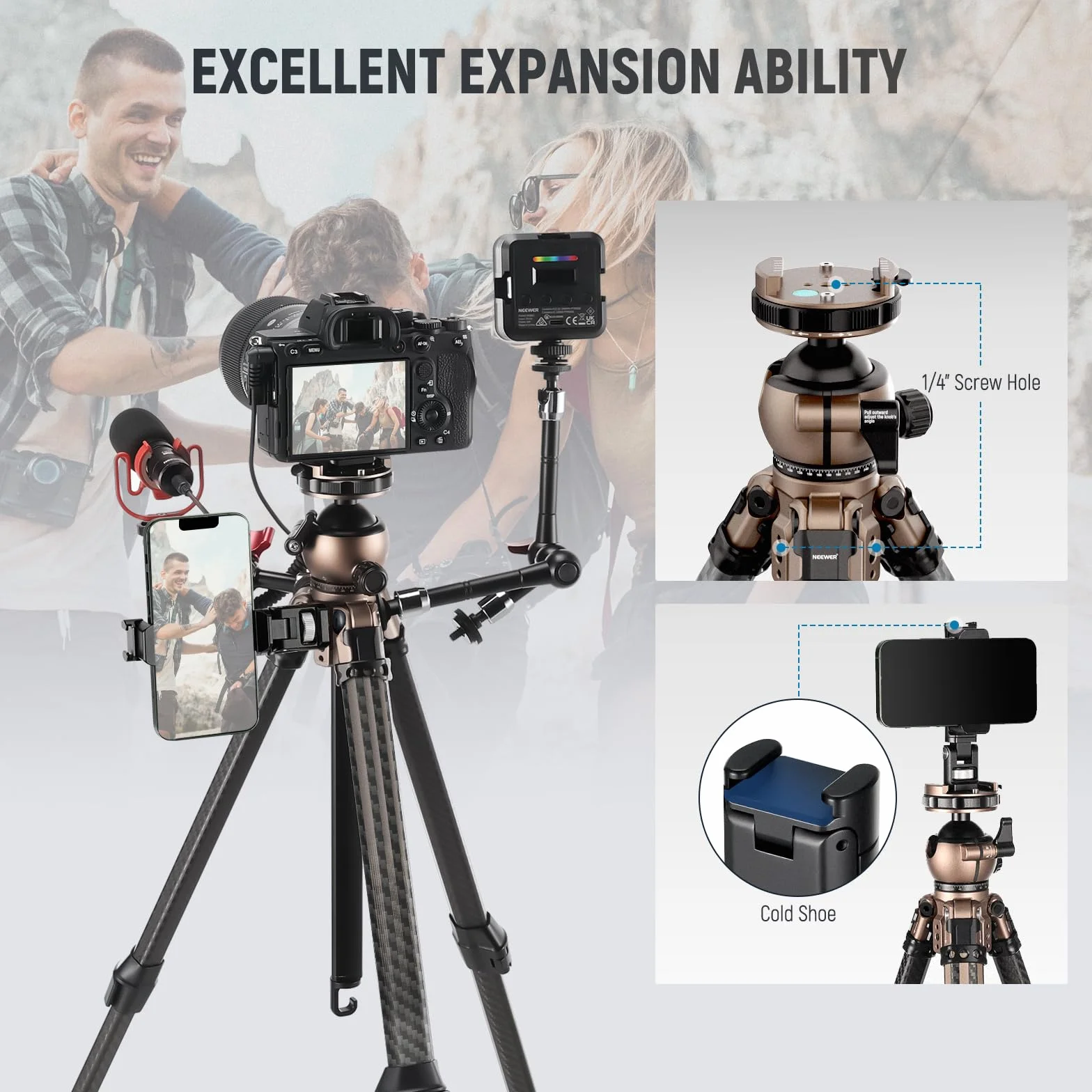 NEEWER LITETRIP LT35 statyw podróżny 155 cm węglowa głowica kulowa niskoprofilowa, płyta Arca kompatybilna z Peak Design V3, oś środkowa, uchwyt z zaciskiem do telefonu komórkowego 2w1, maks. 10 kg