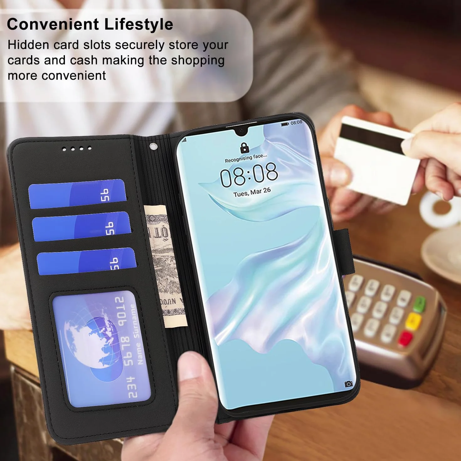 Tawarror Skórzane etui z klapką do Huawei P30 Pro, wielofunkcyjne magnetyczne etui skórzane do P30 Pro ze składanym stojakiem i gniazdami na karty, czarne