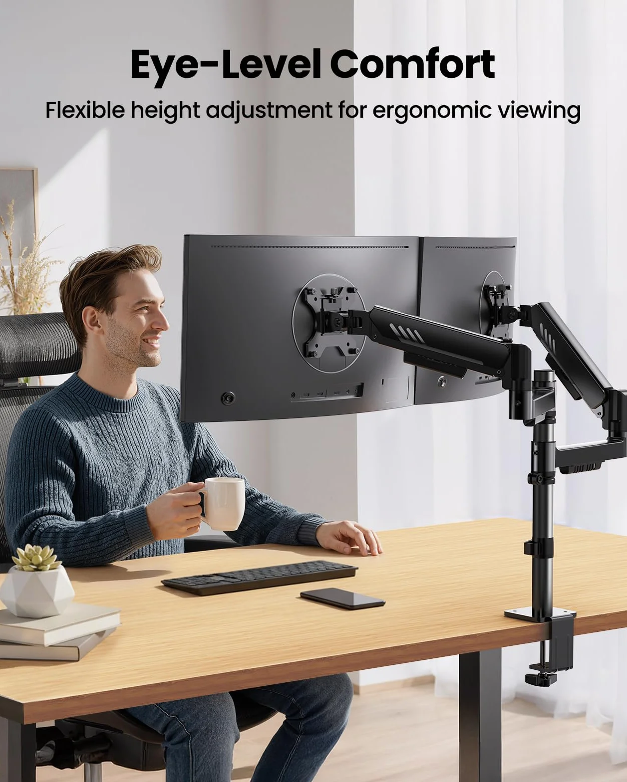 ErGear Podwójne ramię monitora, regulowany pionowy uchwyt biurkowy do ekranów 33–81.3 cm, 9 kg na ramię, zwiększona stabilność ze zintegrowanym zaciskiem C, ulepszone zarządzanie kablami, VESA 75 x 75