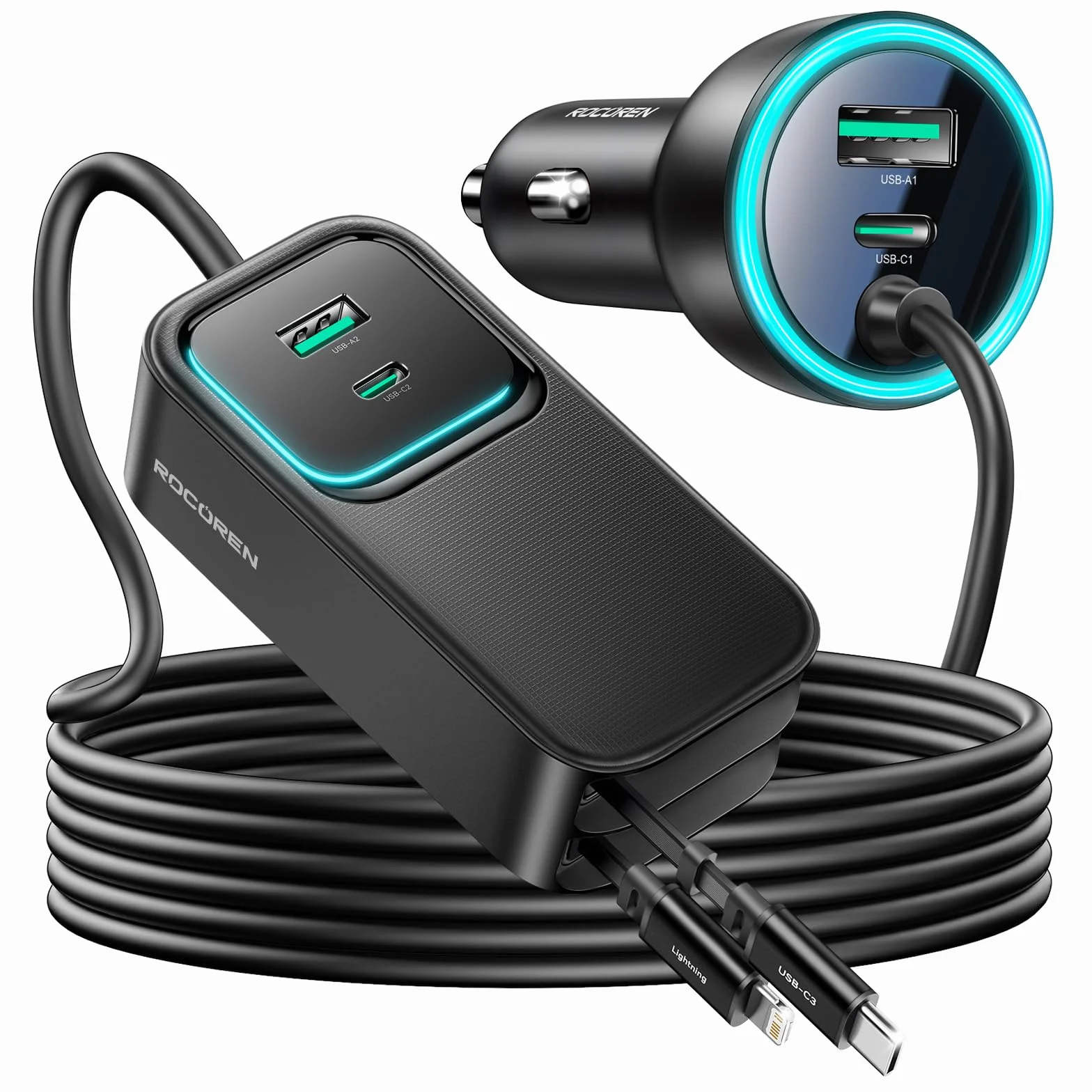Rocoren Ładowarka samochodowa 6 w 1, USB 135 W, wysuwany adapter do szybkiego ładowania, 12 V-24 V, akcesoria samochodowe do wnętrza z kablem 1,5 m, na kemping, do kampera, podróży, gadżet do laptopa