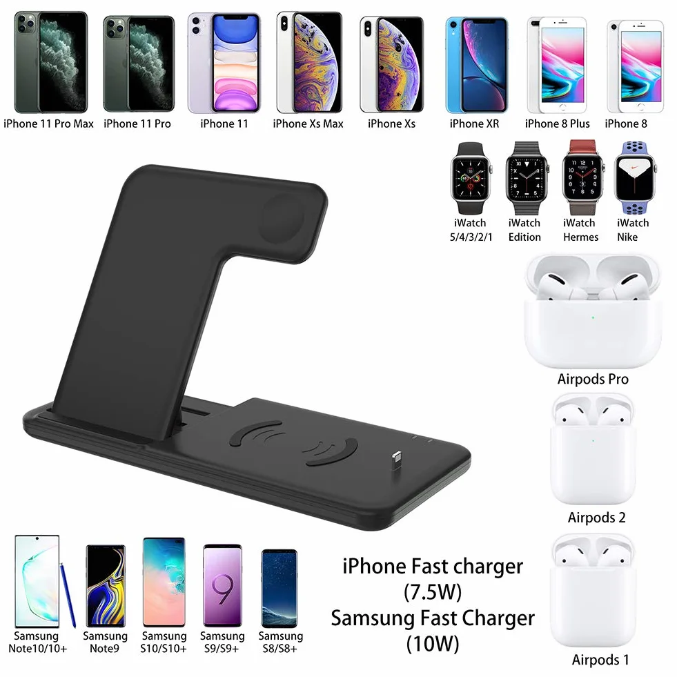 Bezprzewodowa Stacja Dokująca do Airpods Pro Apple Watch SE 6-1,Dikkar Qi 4 w 1 Składana Szybka Bezprzewodowa Stacja ładująca Kompatybilna z iPhone 12/11/Pro/Max/X/Xs/XR/8 i Galaxy S10+/Note 10/9