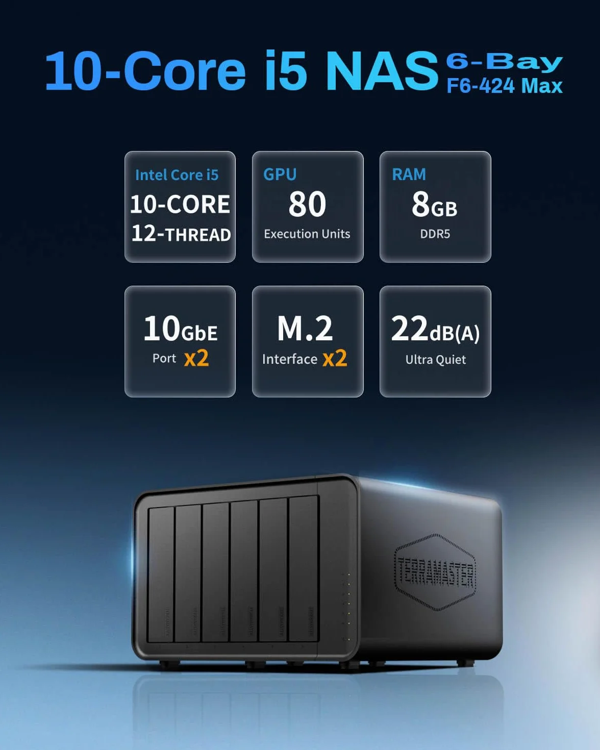 TERRAMASTER F6-424 Max NAS Storage - 6Bay Core i5 1235U 10 rdzeni, 12 wątków, 8 GB pamięci DDR5 RAM, 10 GbE port X2, Network Attached Storage, najwyższa wydajność dla przedsiębiorstw (Diskless)