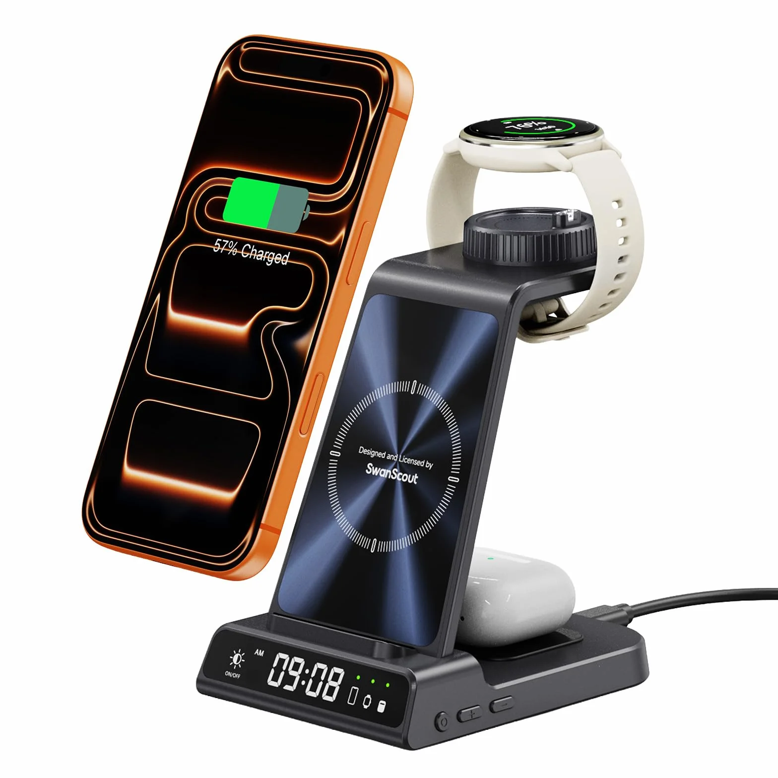 3 W 1 Bezprzewodowa Stacja Ładowania do Zegarek Garmin Vivoactive/Venu/Forerunner/Instinct/Fenix/Epix 2, Stojak Ładowania dla Samsung S25/S24, dla iPhone Air/17/16/AirPods (Bez Adaptera)