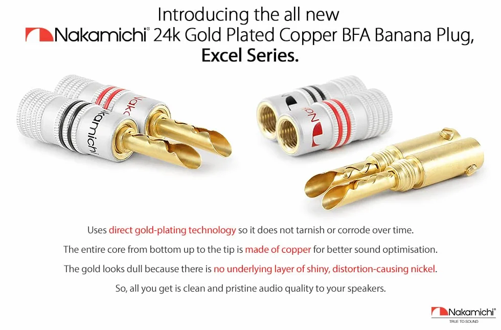 Nakamichi Excel Series 24K pozłacany wtyk bananowy 12-18 AWG Rozmiar miernika 4mm do głośników Wzmacniacz HiFi Odbiornik AV Stereo Kino domowe Złącze Audio (16 Szt., Wtyki bananowe BFA)