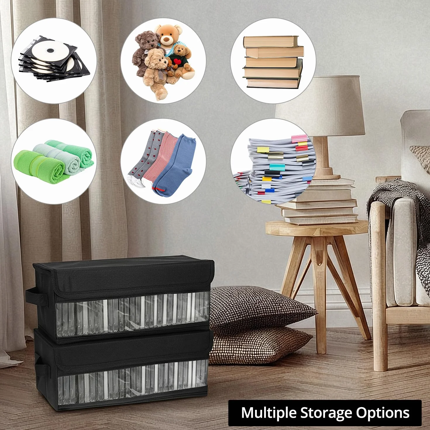 QWORK 2 pudełka do przechowywania płyt CD, 36 x 14 x 6 cm, czarny organizer z tkaniny, na 30 standardowych etui na płyty CD, 60 cienkich etui na CD lub 165 segregatorów na CD