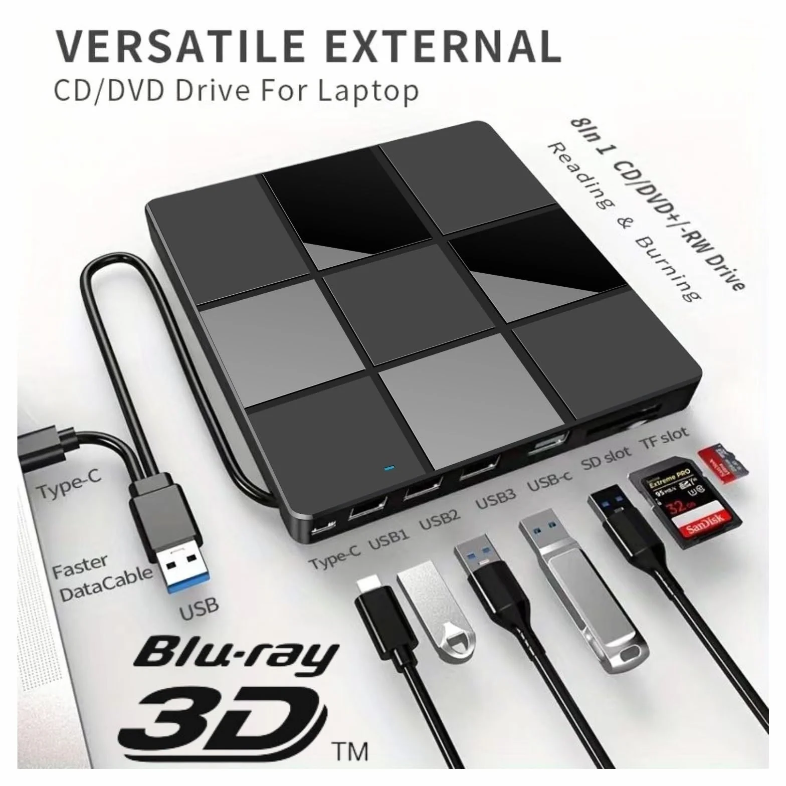 Zewnętrzna nagrywarka Blu-ray BD DVD USB3.0 typu C 7 w 1 Przenośny napęd optyczny UHD 4K(Blu-ray Player)