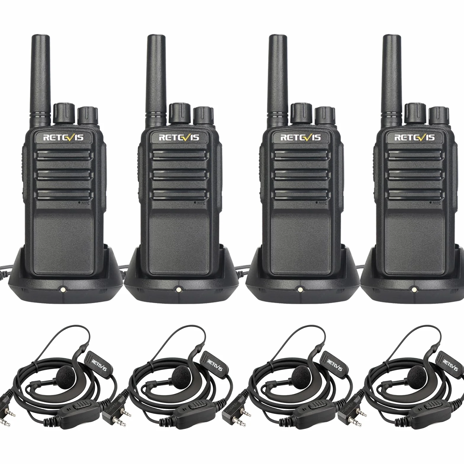 Retevis NR610 Walkie Talkie, Redukcja Szumów AI, Ręczne Walkie Talkie ze Słuchawkami, PMR446 VOX, 1200mAh USB-C Akumulator Krótkofalówki dla Dorosłych, Restauracja, Bezpieczeństwo (4 Sztuki, Czarny)