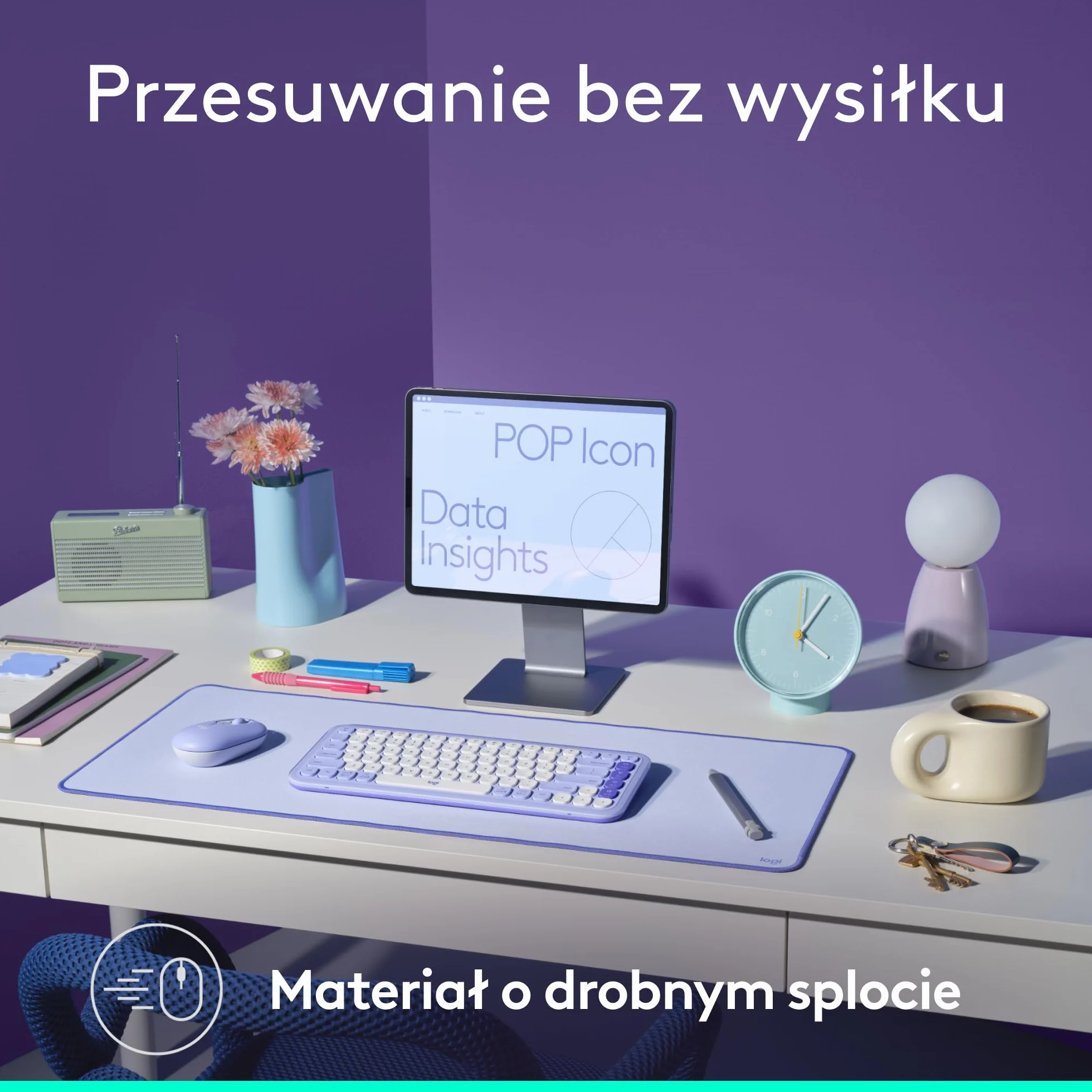 Logitech Desk Mat - Studio Series, Wielofunkcyjna duża mata na biurko, szeroka podkładka pod myszkę, antypoślizgowa, odporna na zalanie, trwały materiał - Liliowy