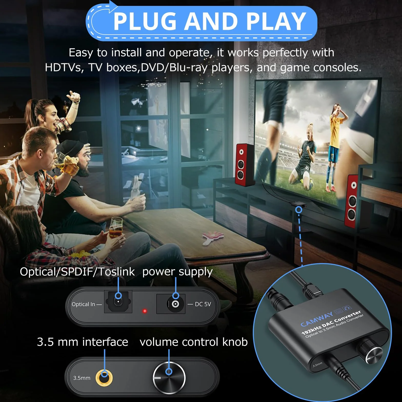 CAMWAY Konwerter DAC 192 kHz, SPDIF na 3,5 mm AUX, optyczny na 3,5 mm Toslink adapter audio z regulacją głośności, cyfrowo-analogowy konwerter audio do telewizora, słuchawek, głośników i innych
