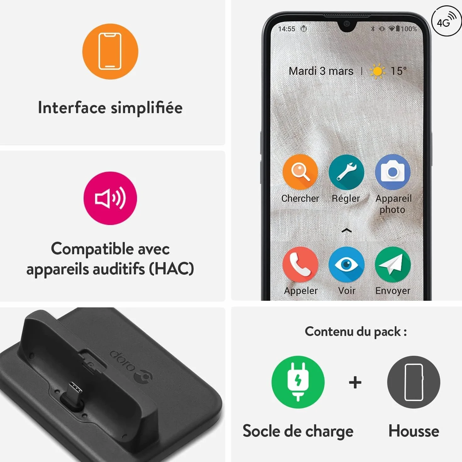 Doro 8100 Plus 4G Odblokowany smartfon dla seniorów, wodoodporny, z potrójnym aparatem, ekranem 6,1", GPS, rozpoznawaniem twarzy, podstawką do ładowarki i etui (czarny)
