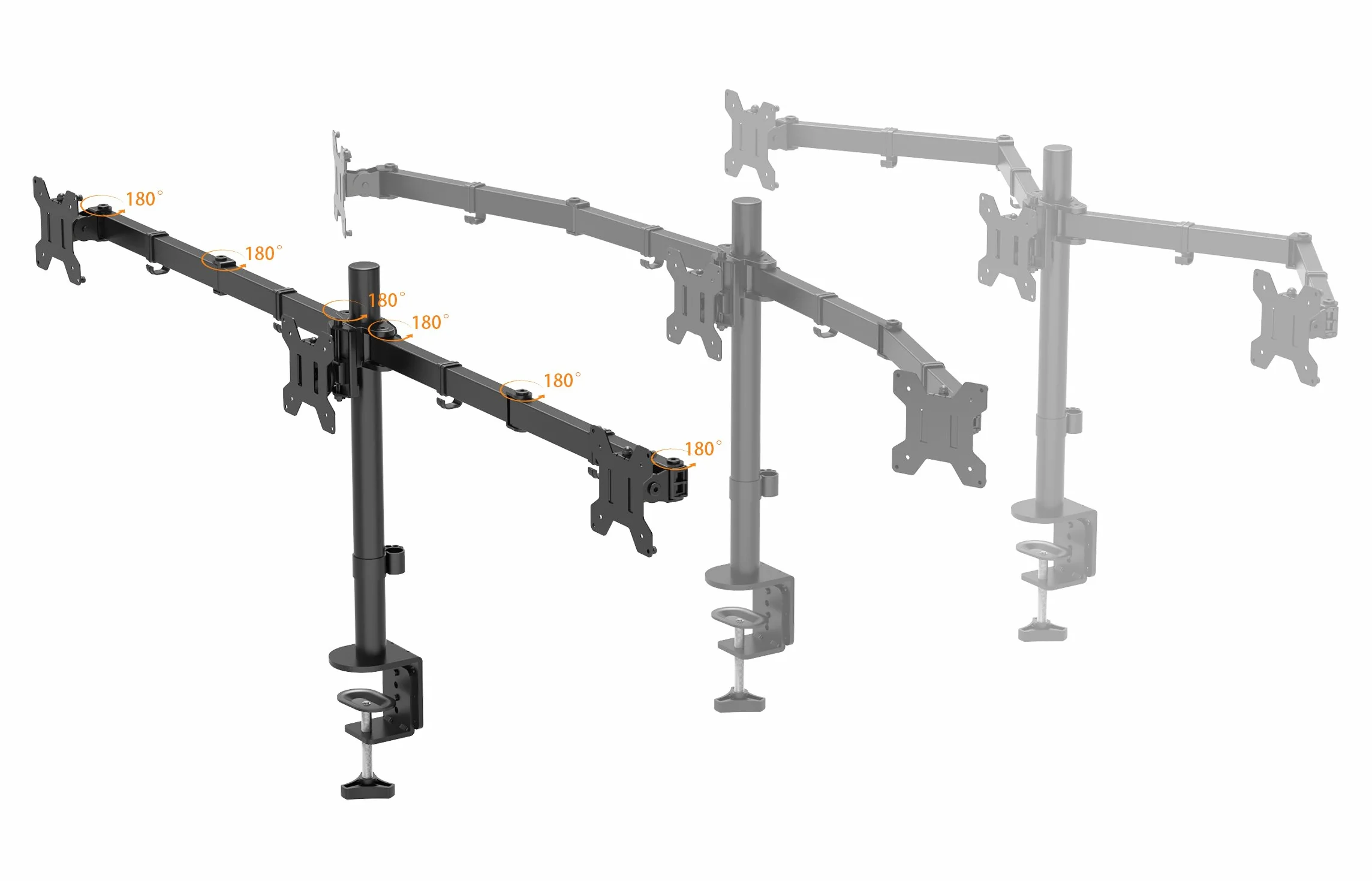 BONTEC Uchwyt na 3 Monitory Biurkowy 13-24 cale, VESA 75x75/100x100, Regulacja Wysokości, Pochylany 180°, Obracany 360°, Nośność 10kg na Monitor, Stojak na Monitory LCD/LED, Czarny | Potrójne ramię biurkowe z zaciskiem i otworem na kabel do pracy, nauki i
