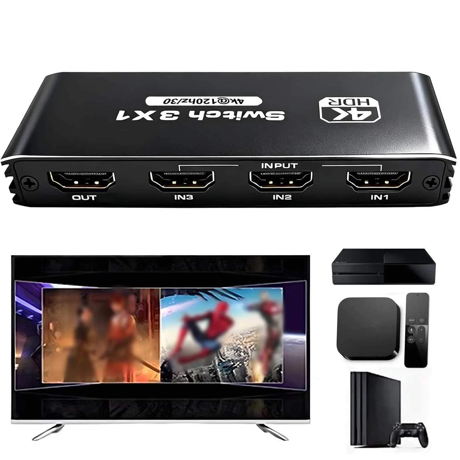 Przełącznik HDMI 3 w 1 Out 4K 120 Hz 8K 30 Hz HDR10+ CEC HDCP2.3 z pilotem zdalnego sterowania do PS5/PS4/Xbox/Switch
