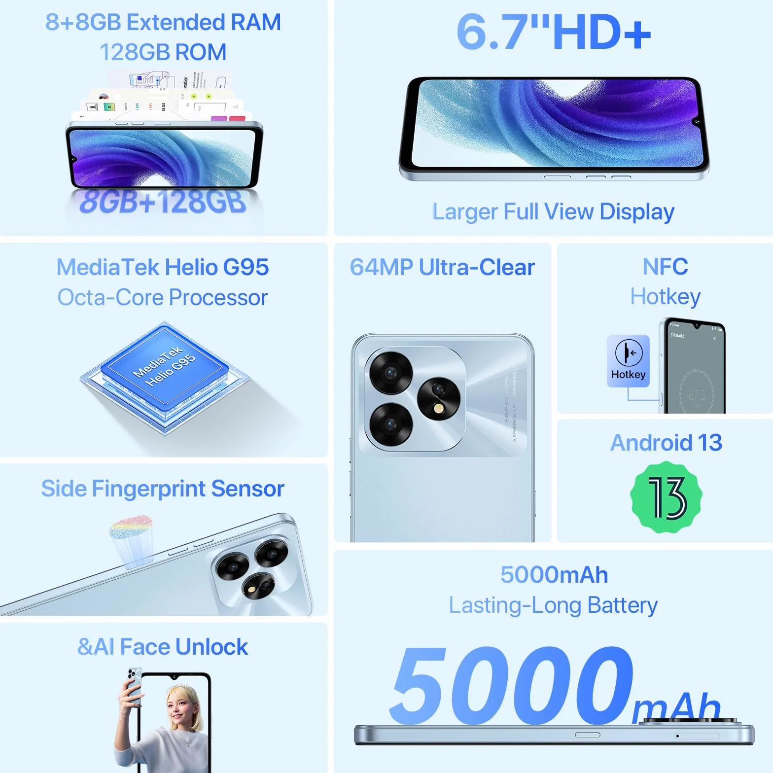 UMIDIGI A15T NFC Smartphone Free(2024),16GB+128GB, MediaTek Helio G95, Potrójny aparat 64+8+2MP, Aparat przedni 16MP, 5000 mAh, Android 13 Telefony komórkowe,Ekran HD+ 6,7", 4G Dual SIM/Odblokowanie