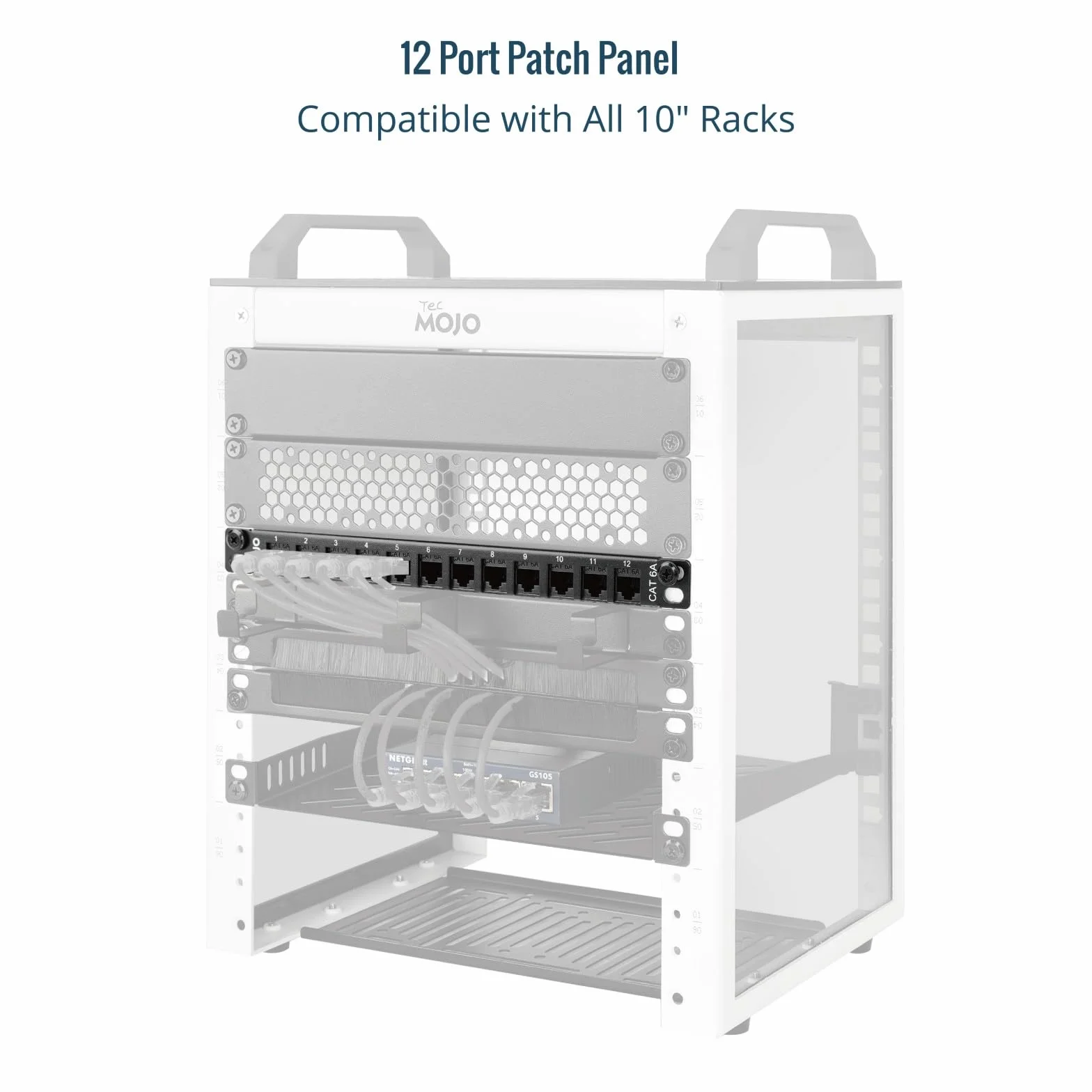 Tecmojo 10-calowy 12-portowy panel krosowy Cat6A, 0,5U panel modułowy do montażu w szafie ze złączem RJ45 Keystone, do szaf serwerowych 10 cali i szaf sieciowych, 10-Gigabit Ethernet, czarny
