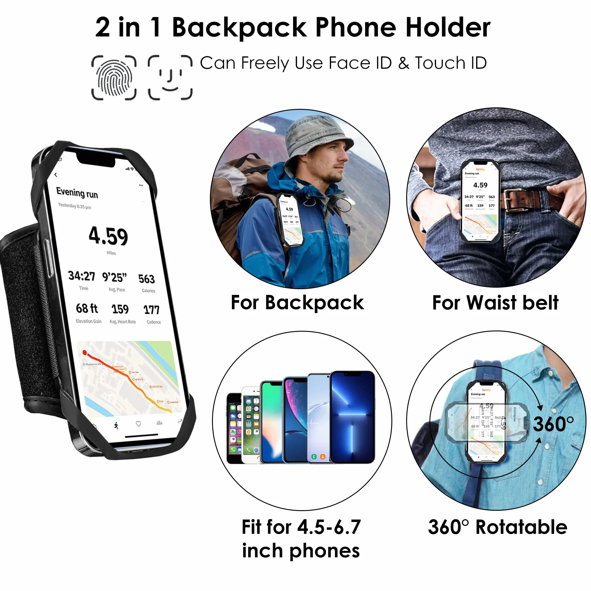 Cikyner Uchwyt na telefon komórkowy, plecak 2 w 1, uchwyt na telefon na paski plecaka, obracany o 360°, zdejmowany uchwyt na telefon komórkowy do iPhone'a 4,5-7", Huawei, na kemping i wędrówki