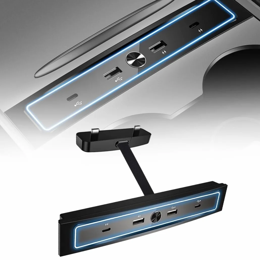 Hub USB do Tesla Model 3 i Model Y 2021 2022 2023, 4-portowa stacja dokująca USB do adaptera konsoli środkowej Tesla, wieloportowa stacja dokująca ze światłem LED do ładowania samochodu i transmisji