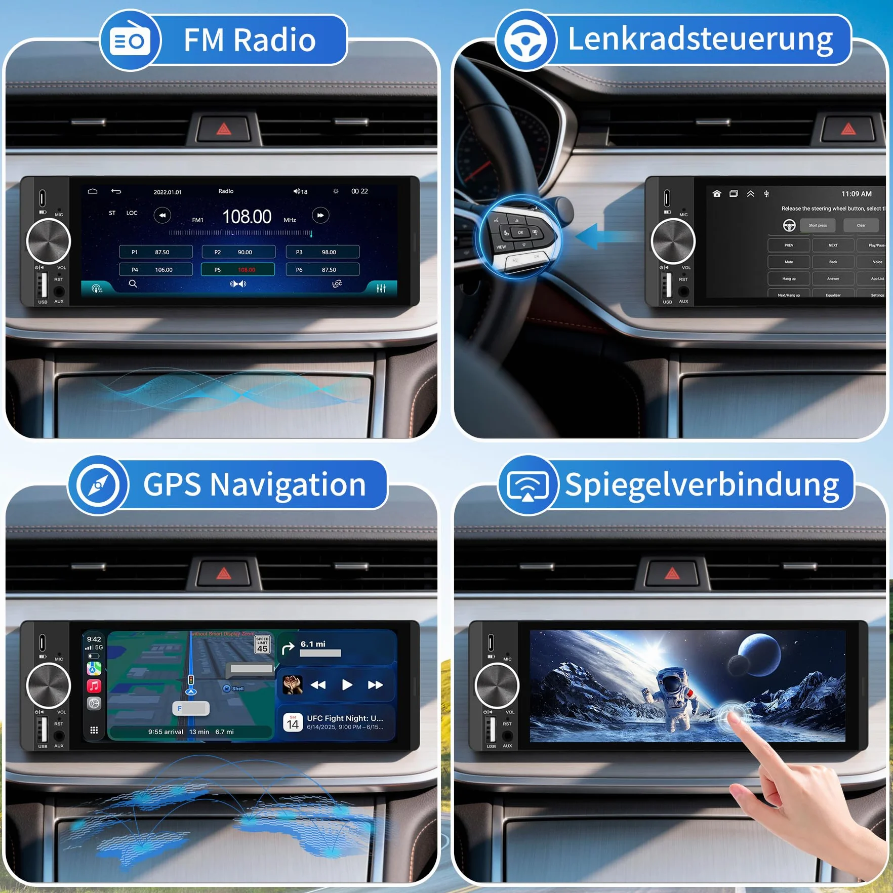 Radio samochodowe 1-DIN 6,28" ekran dotykowy z bezprzewodowym CarPlay i Android Auto, Bluetooth, WLAN, MirrorLink, FM, USB-C, korektor i złącze do kamery cofania, sterowanie kierownicą