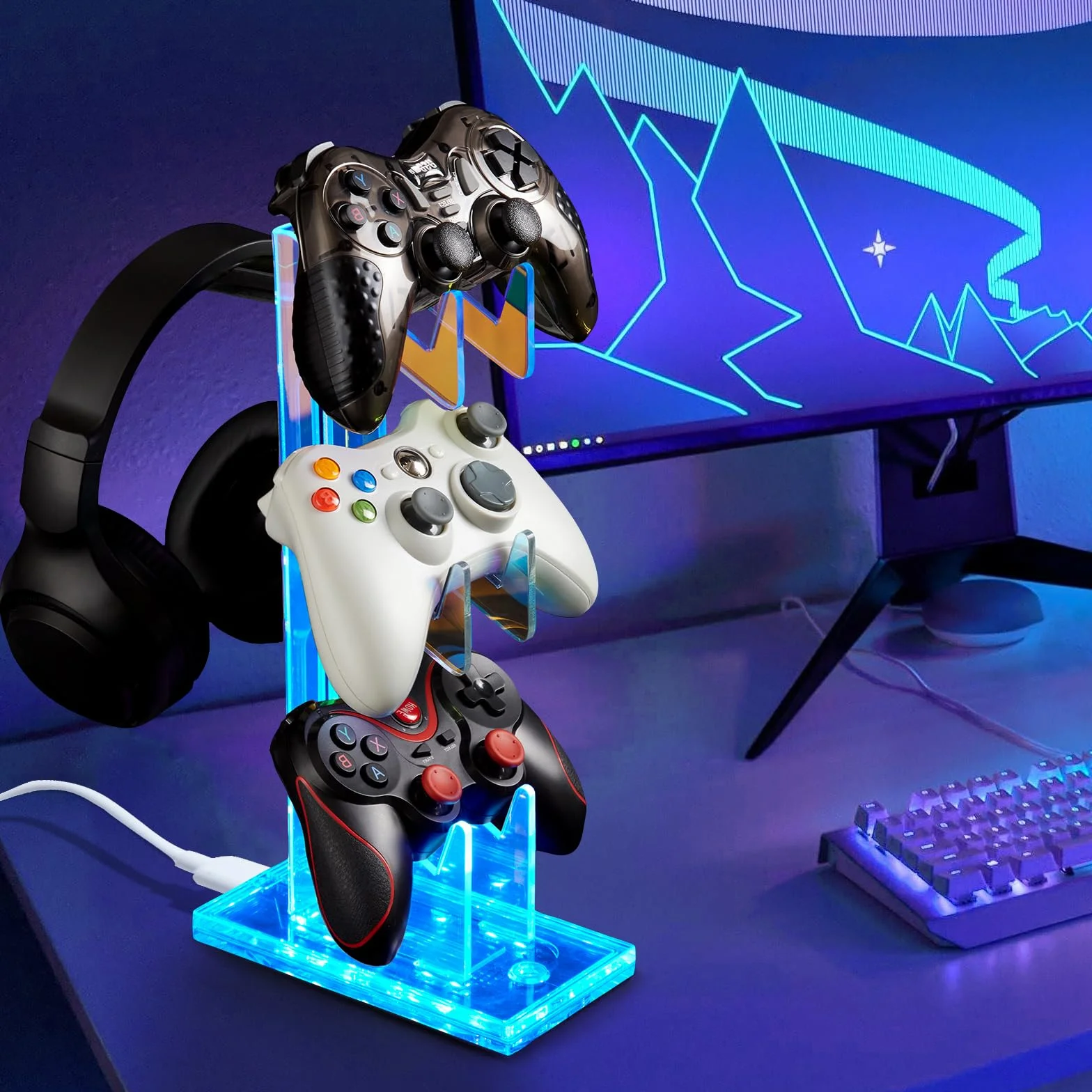 Uchwyt na kontroler do gier z jasnymi, kolorowymi akrylowymi słuchawkami, stojak z 3 trybami, 7 kolorów, port ładowania USB do PS4, PS5, PC, uniwersalna konstrukcja (3 poziomy ze światłami)